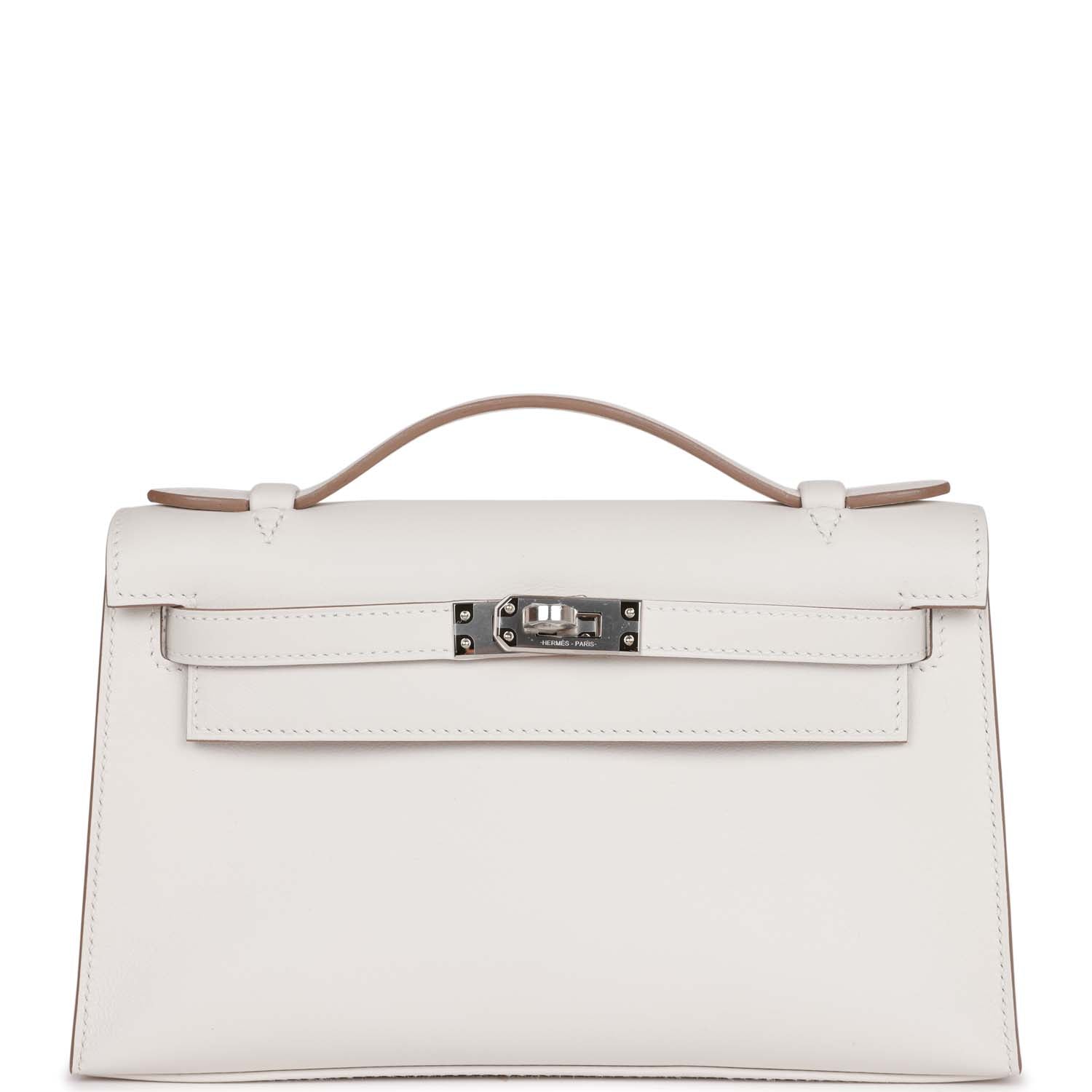 Hermes Kelly Pochette Gris Pale Swift Palladium Hardware Travel Bag