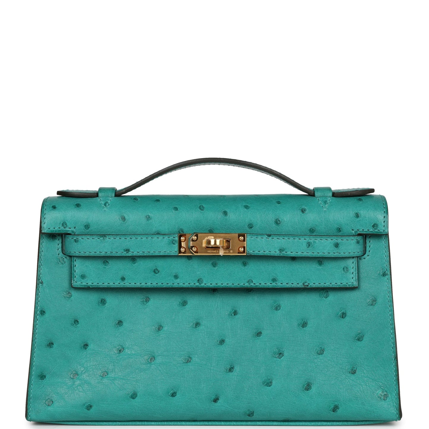 Hermes Kelly Pochette Vert Verone Ostrich Hardware Clutch Gold Clutch Bag