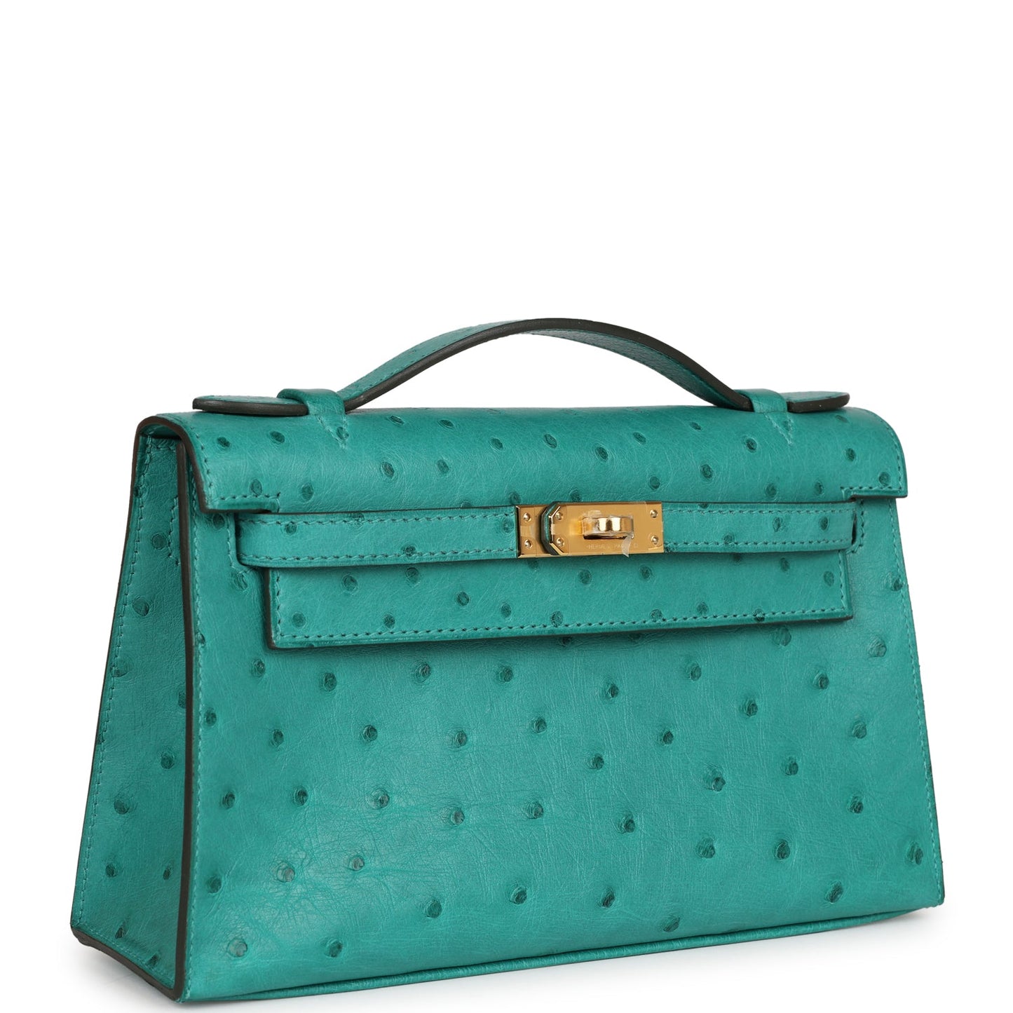 Hermes Kelly Pochette Vert Verone Ostrich Hardware Clutch Gold Clutch Bag