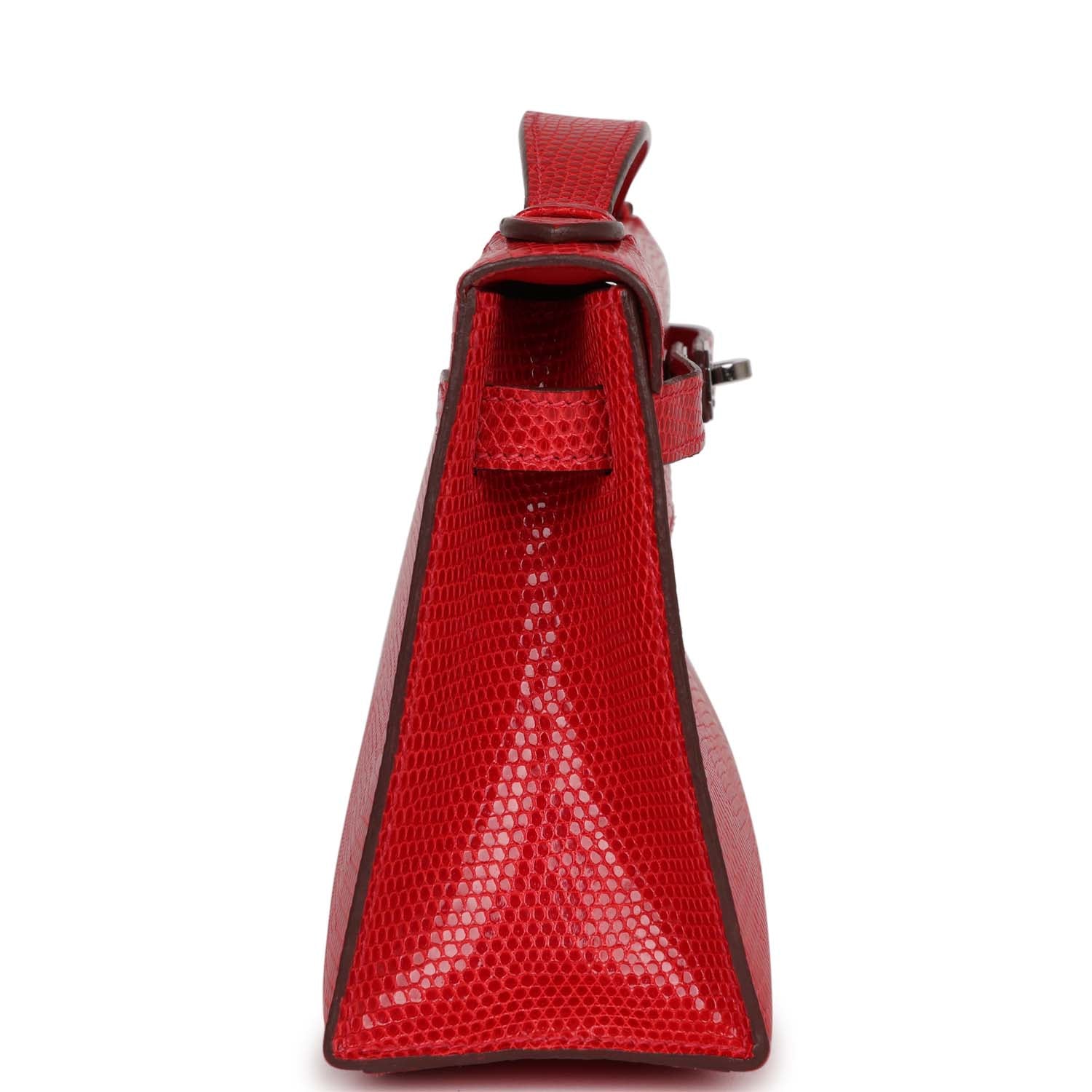 Hermes Kelly Pochette Rouge Vif Lizard Ruthenium Hardware Clutch Bag