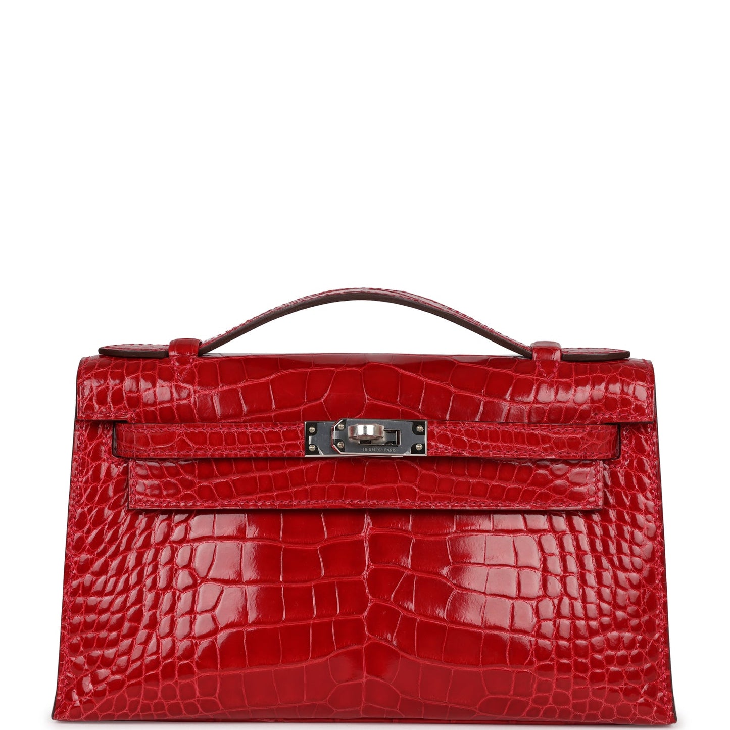 Hermes Kelly Pochette Braise Shiny Alligator Palladium Hardware Travel Bag