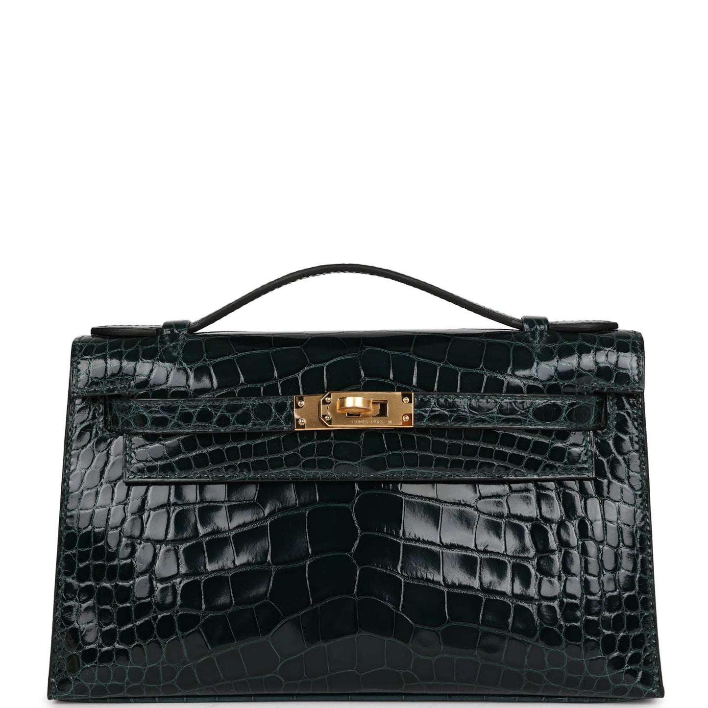 Hermes Kelly Pochette Vert Cypress Shiny Alligator Hardware Gold Travel Bag