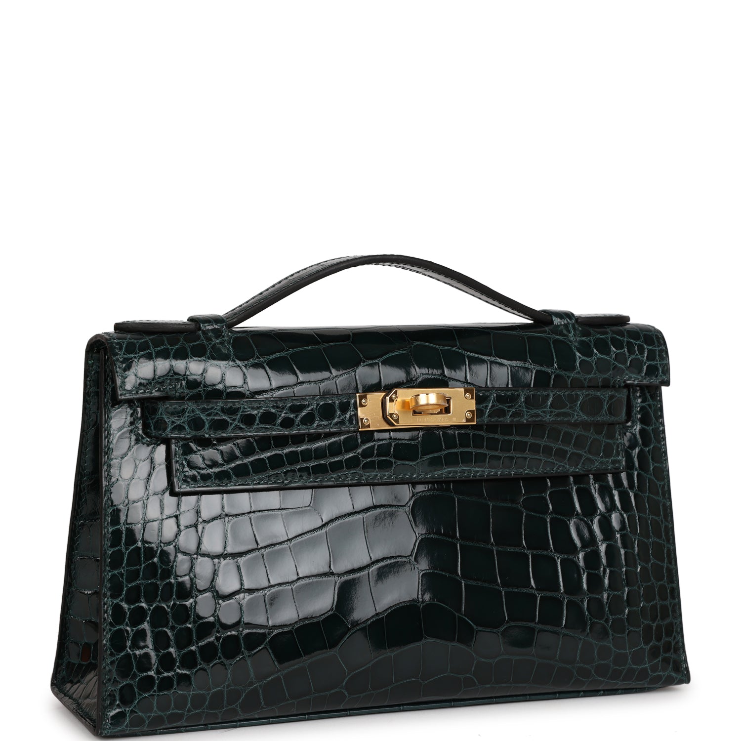 Hermes Kelly Pochette Vert Cypress Shiny Alligator Hardware Gold Travel Bag