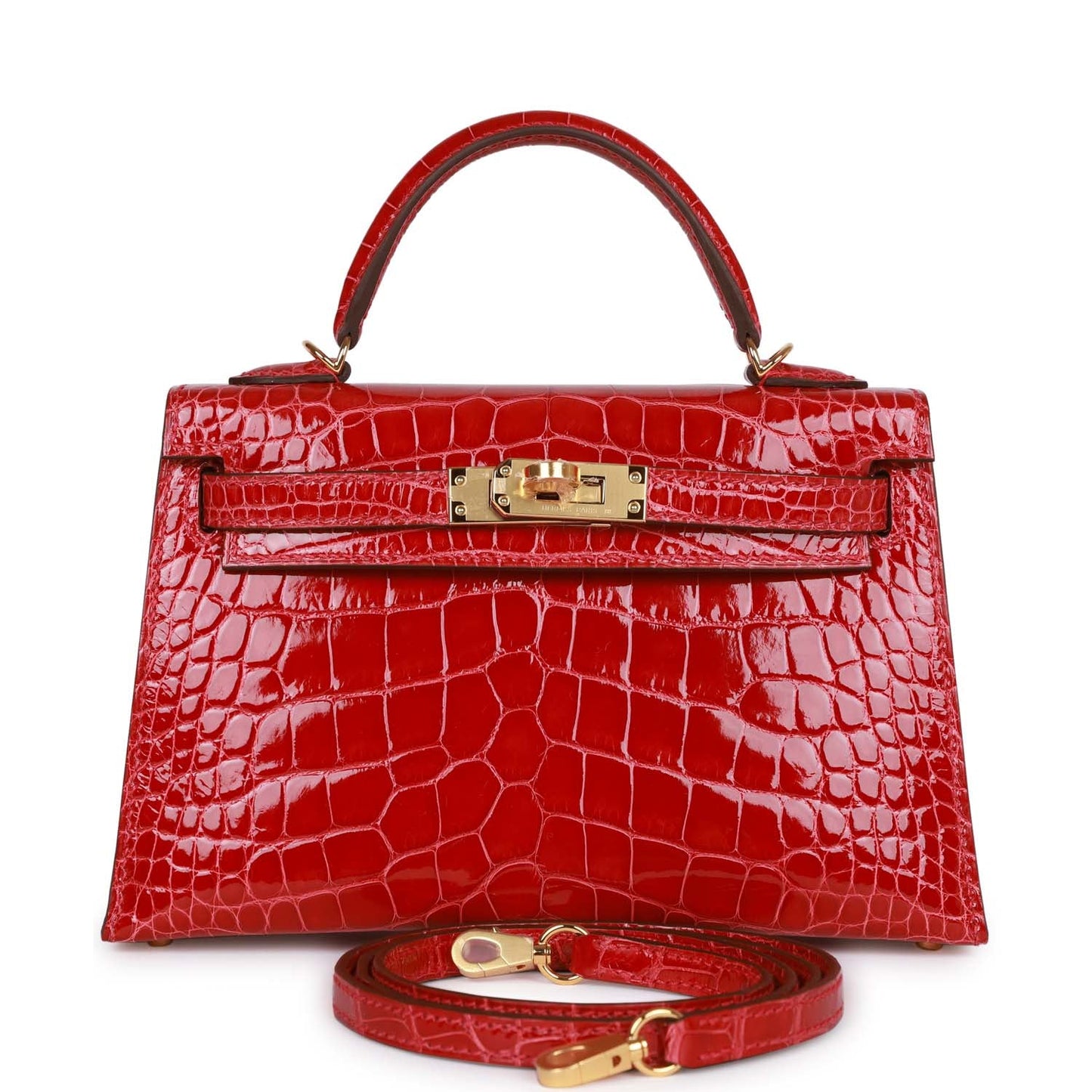 Hermes Kelly Sellier Braise Shiny Alligator Hardware Handbag Gold Travel Bag