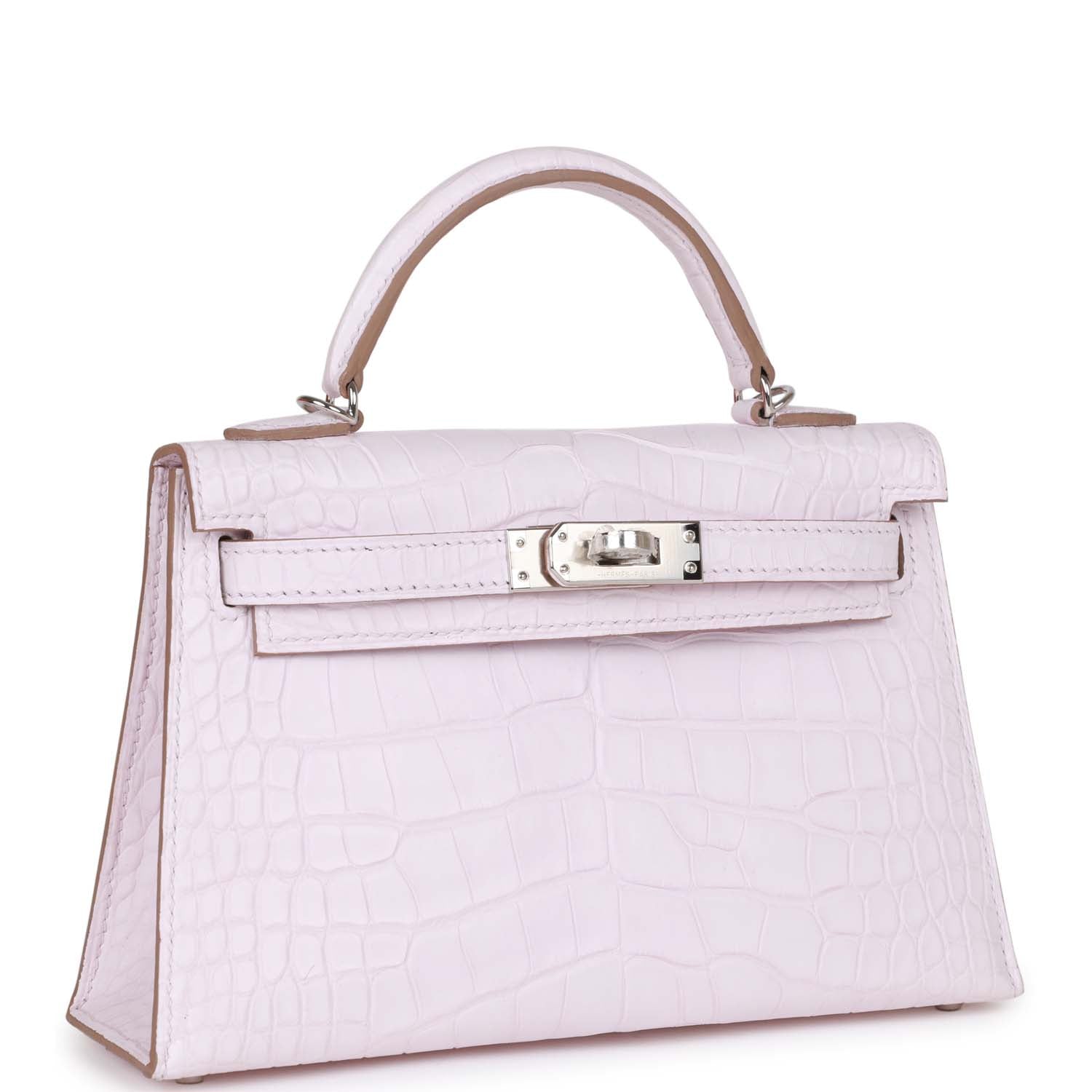 Hermes Kelly Sellier Mauve Pale Boreal Alligator Palladium Hardware Satin Shoulder Bag