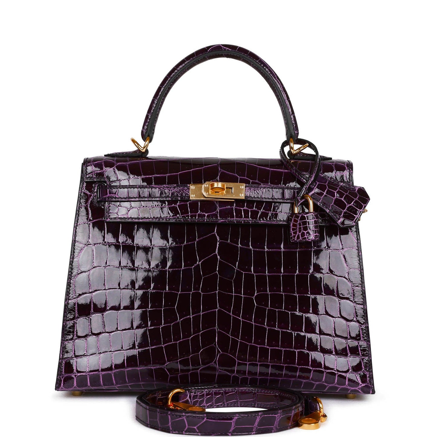 Hermes Kelly Sellier Aubergine Shiny Niloticus Crocodile Hardware Handbag Gold Travel Bag