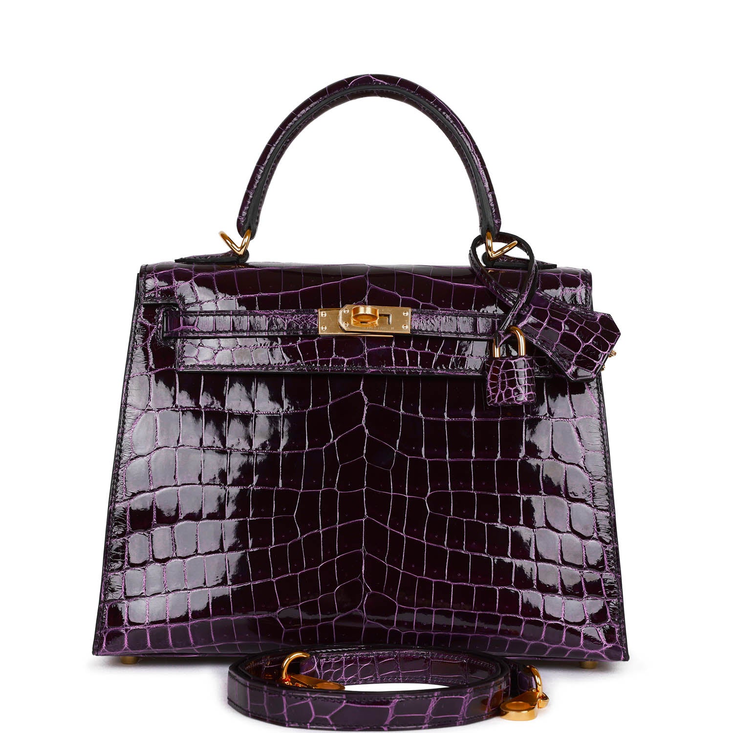 Hermes Kelly Sellier Aubergine Shiny Niloticus Crocodile Hardware Handbag Gold Travel Bag