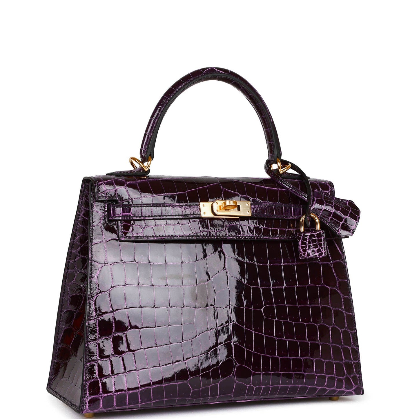 Hermes Kelly Sellier Aubergine Shiny Niloticus Crocodile Hardware Handbag Gold Travel Bag