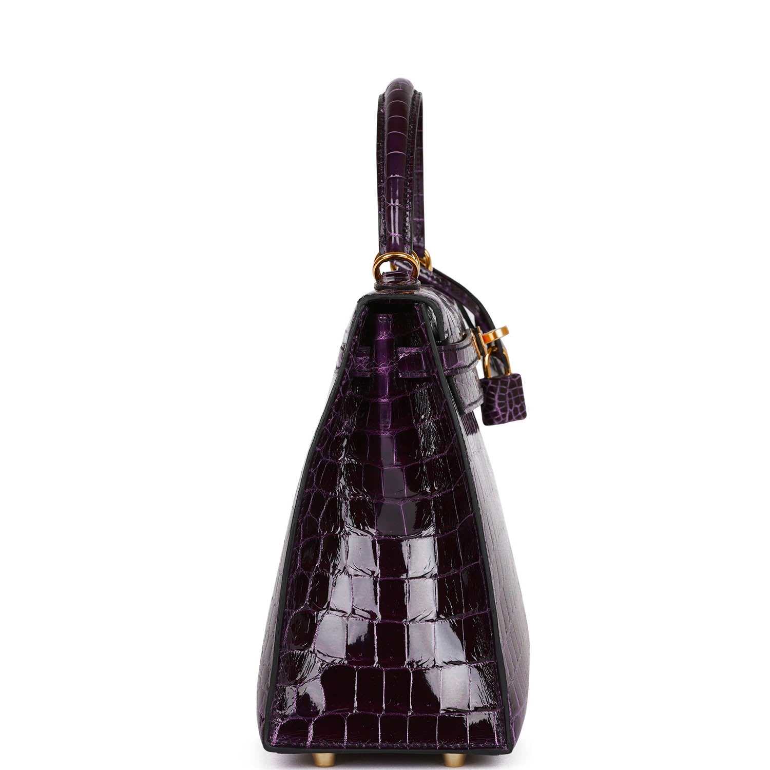 Hermes Kelly Sellier Aubergine Shiny Niloticus Crocodile Hardware Handbag Gold Travel Bag