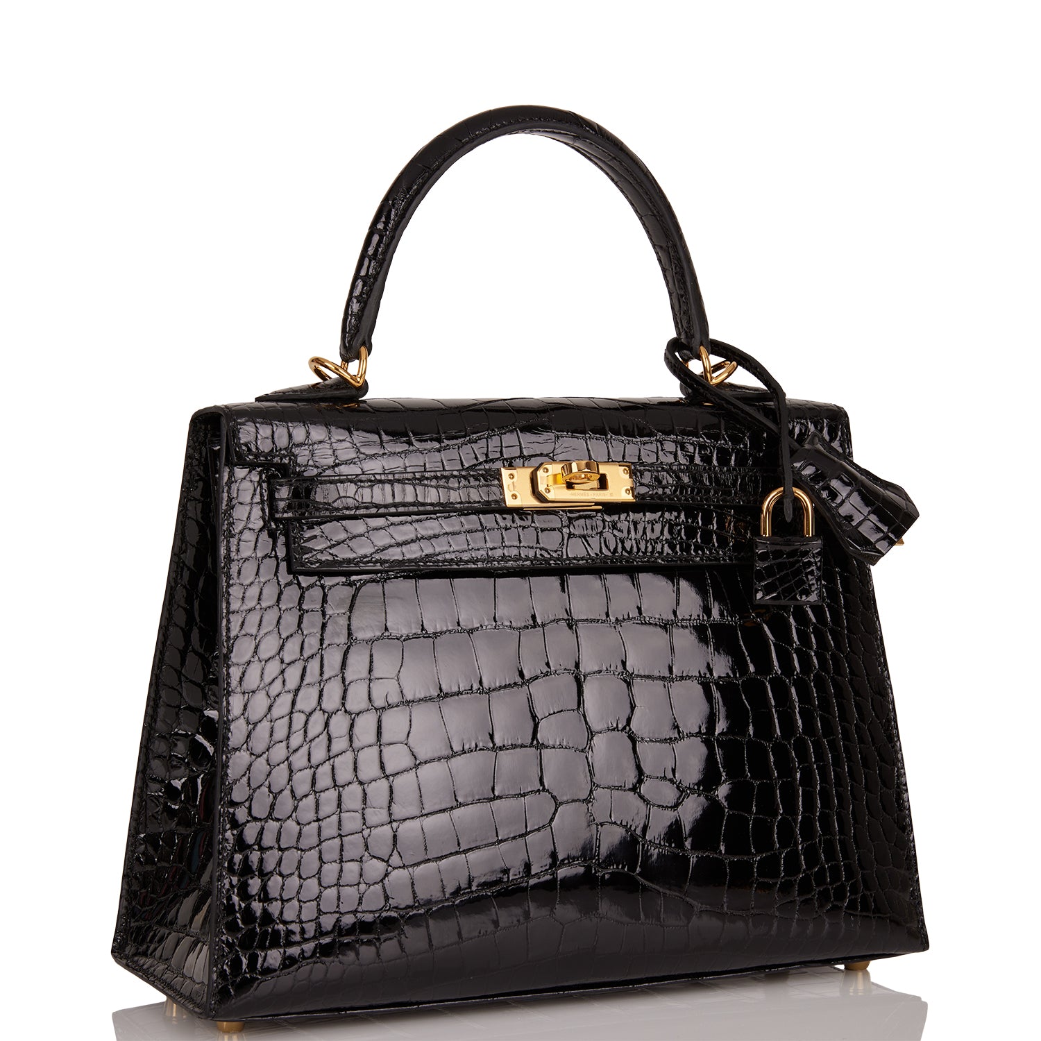 Hermes Kelly Sellier Shiny Alligator Hardware Handbag Black Gold Travel Bag Gold Hardware