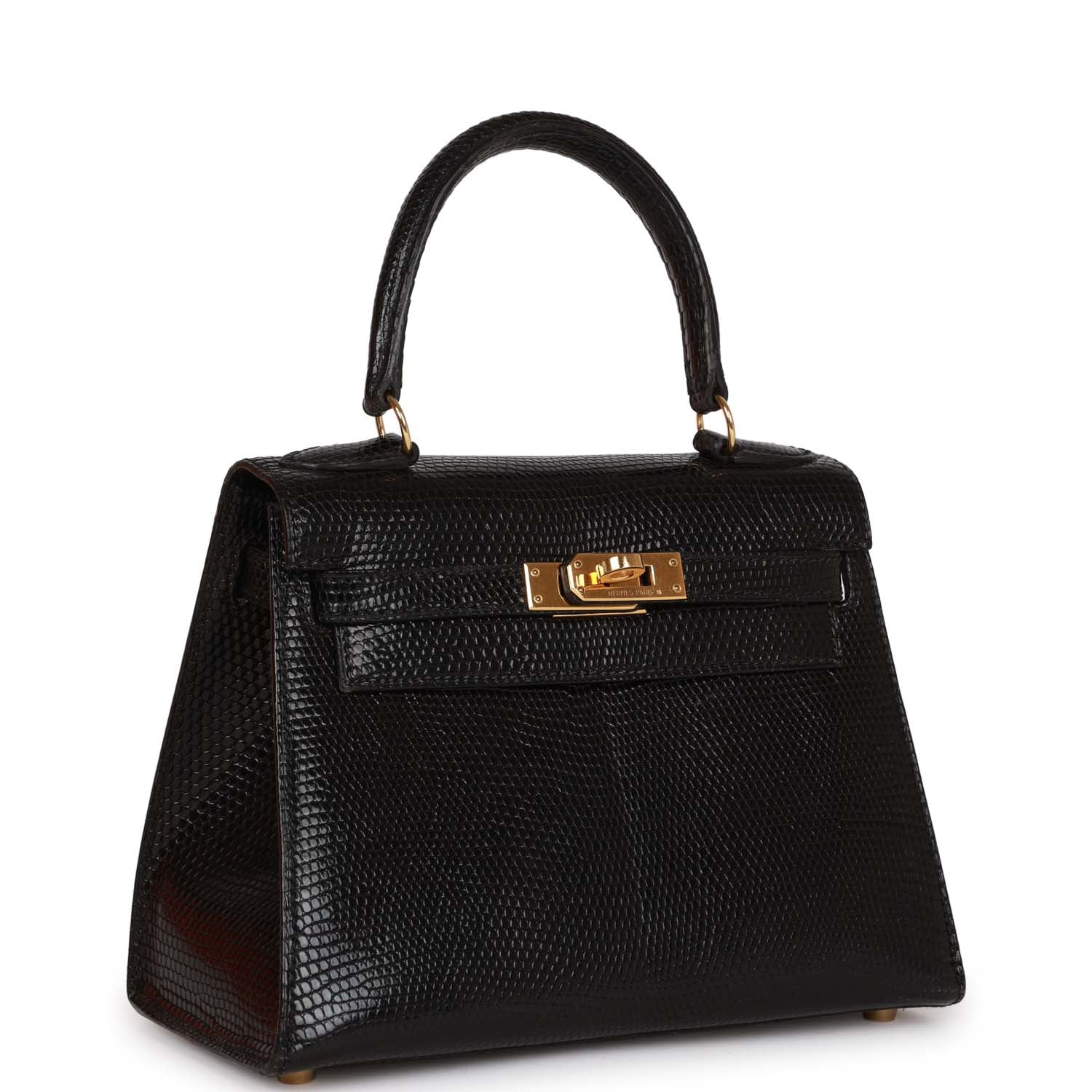 Hermes Luxury Kelly Sellier Lizard Hardware Handbag Black Gold Travel Bag