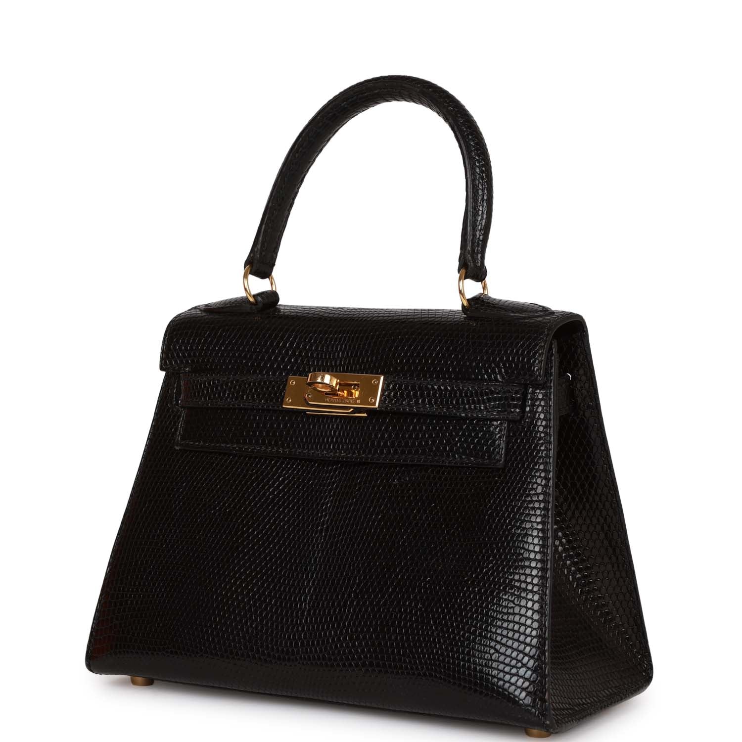 Hermes Luxury Kelly Sellier Lizard Hardware Handbag Black Gold Travel Bag