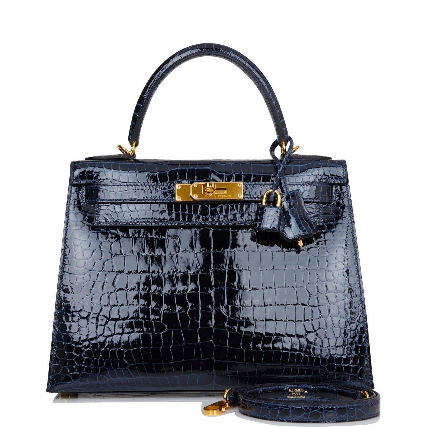 Hermes Kelly Sellier Bleu Baltique Shiny Porosus Crocodile Gold Travel Bag Gold Hardware