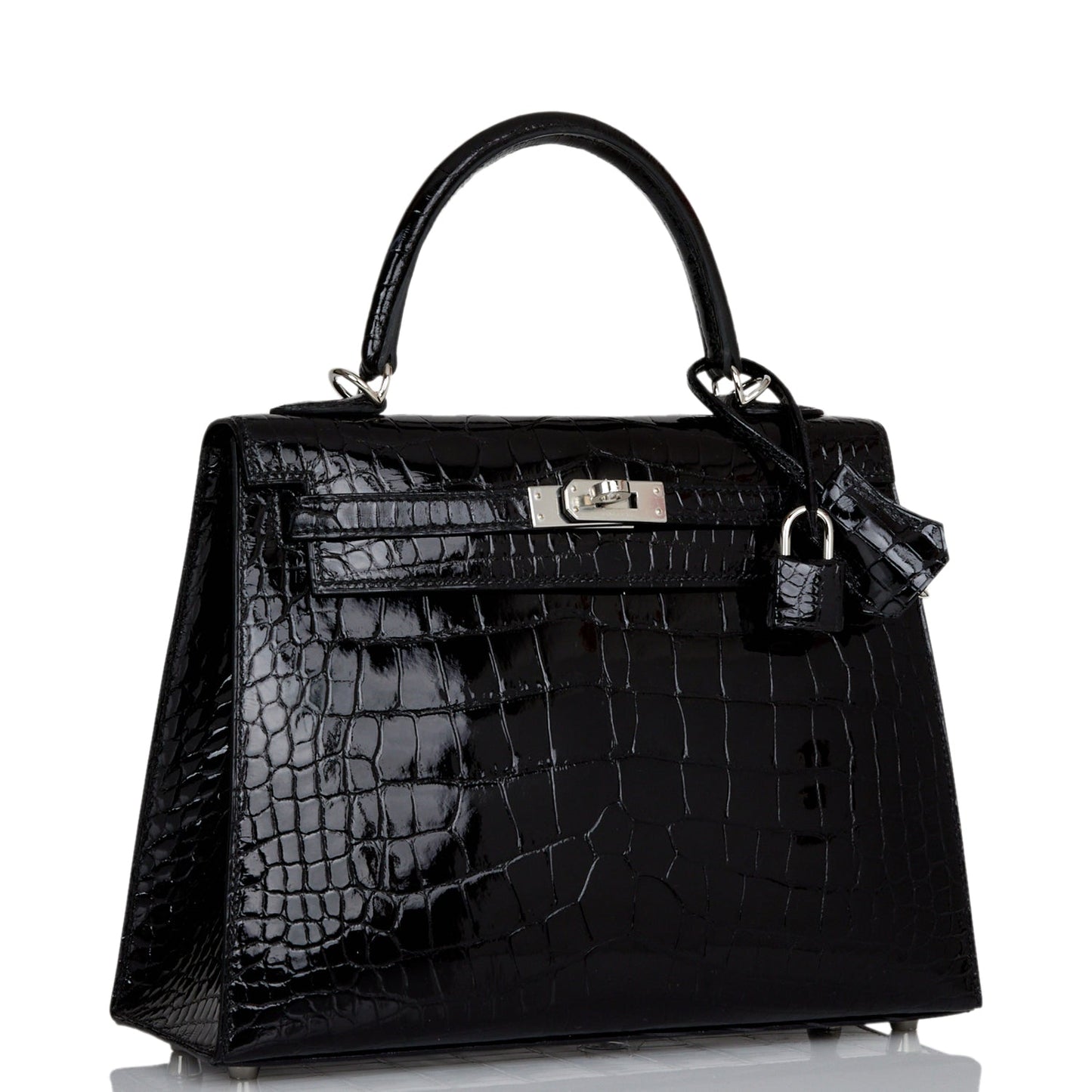 Hermes Kelly Sellier Shiny Alligator Palladium Hardware Handbag Black Travel Bag