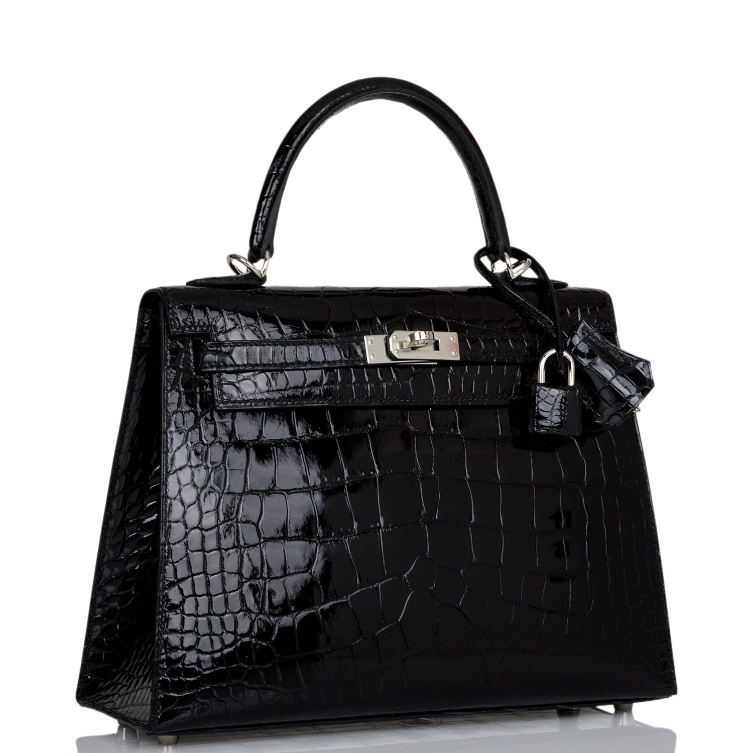 Hermes Kelly Sellier Shiny Alligator Palladium Hardware Handbag Black Travel Bag