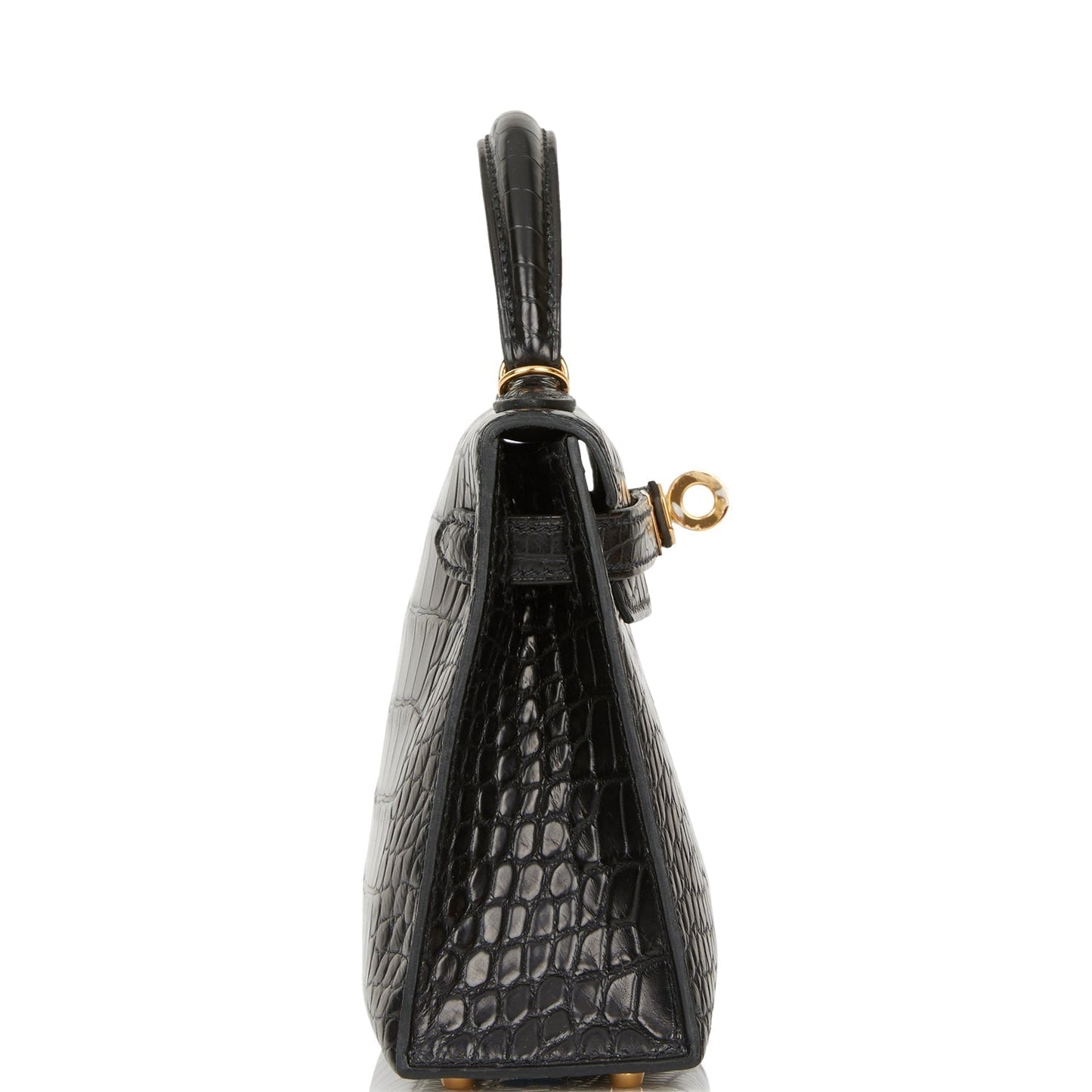 Hermes Kelly Sellier Matte Alligator Hardware Handbag Black Gold Travel Bag Gold Hardware