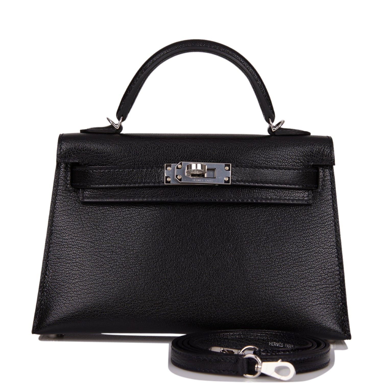 Hermes Kelly Sellier Chevre Chamkila Palladium Hardware Handbag Black Travel Bag Palladium Hardware