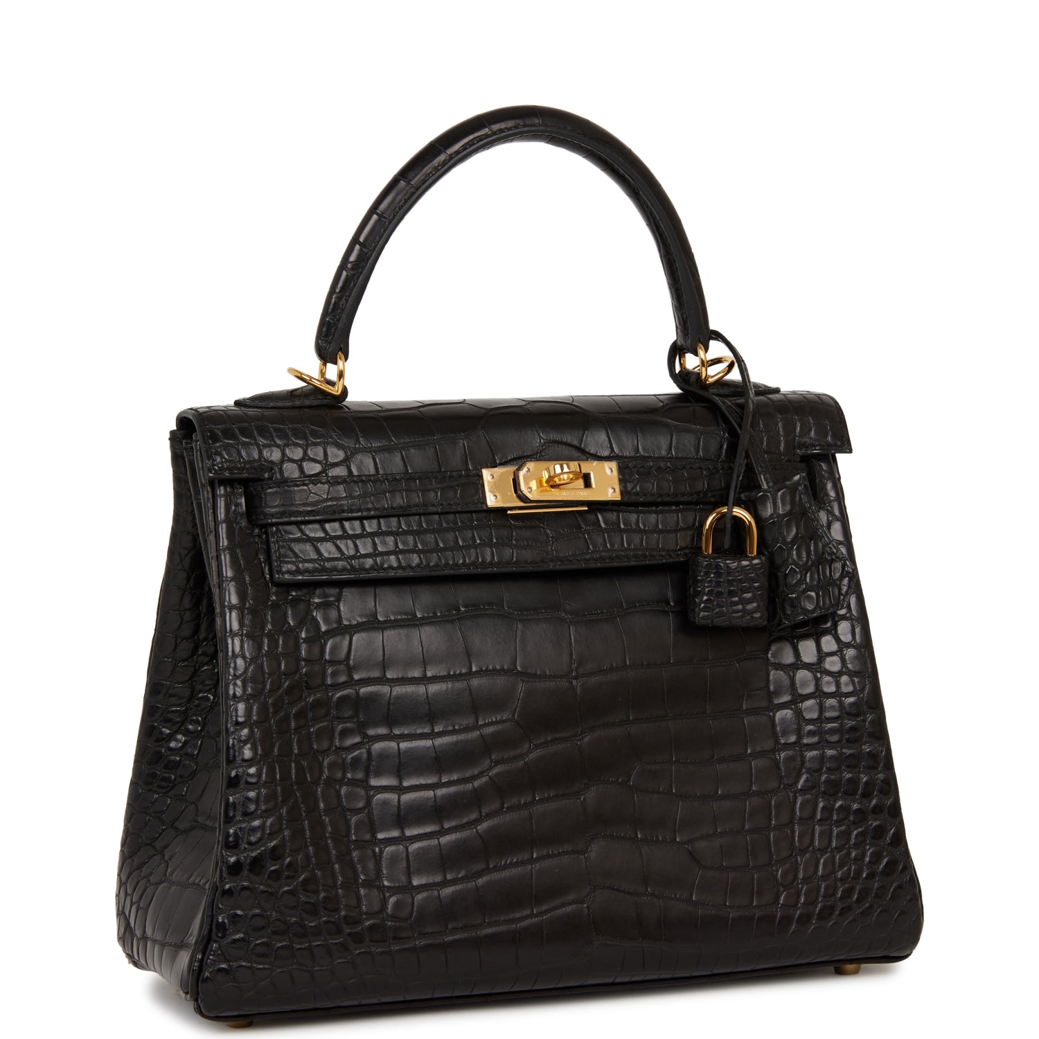 Hermes Kelly Retourne Matte Alligator Hardware Handbag Black Gold Travel Bag