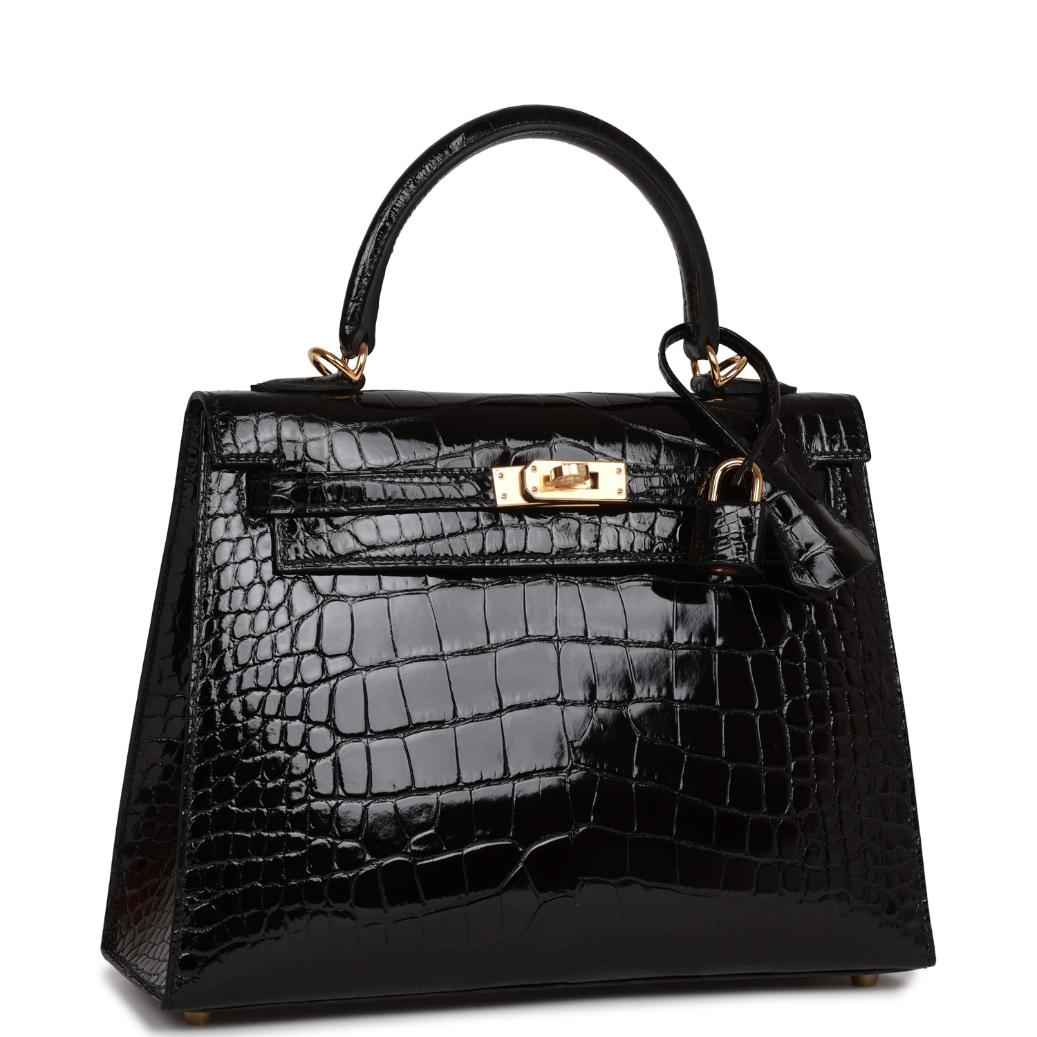 Hermes Kelly Sellier Shiny Alligator Hardware Handbag Black Gold Travel Bag Hardware 1