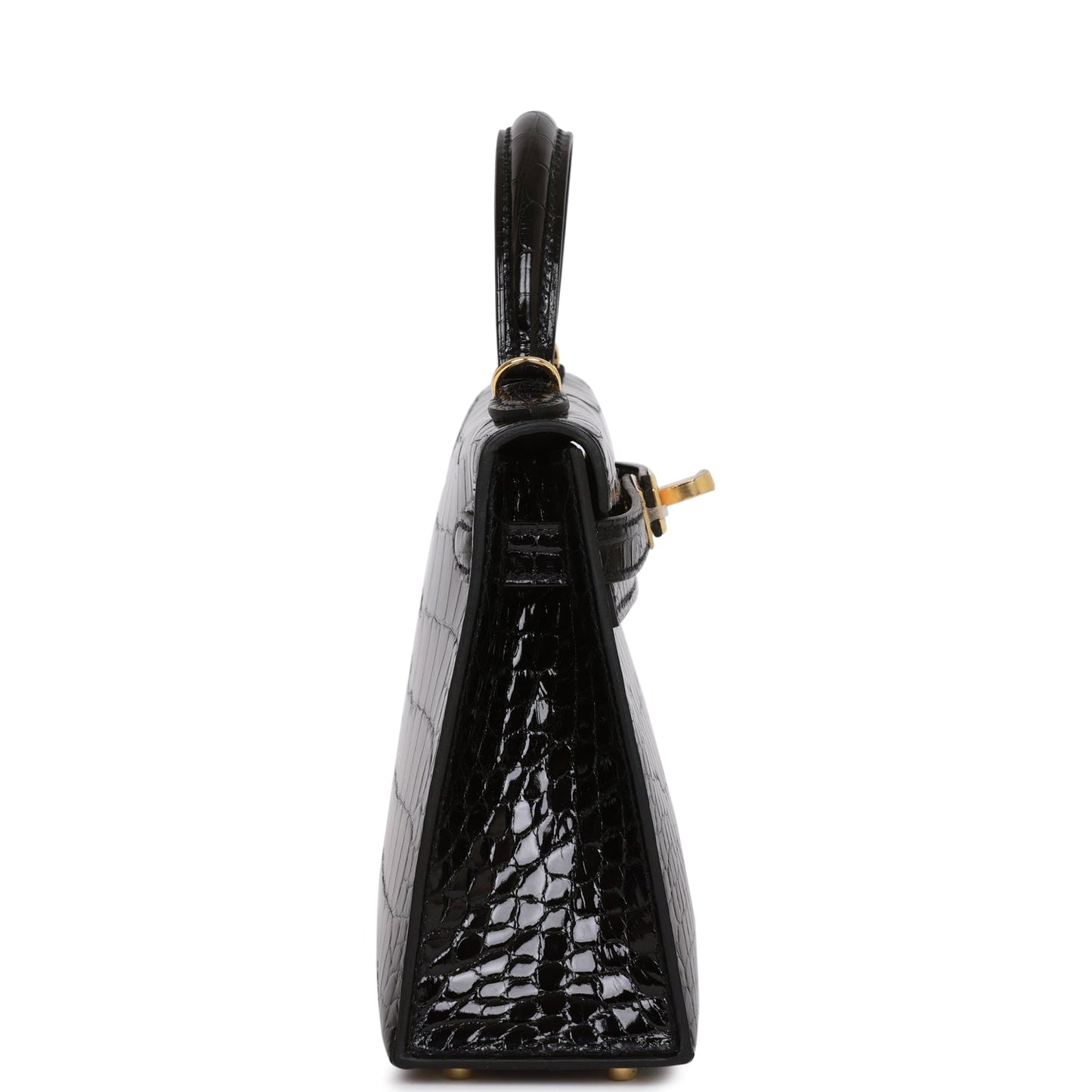 Hermes Kelly Sellier Shiny Alligator Hardware Handbag Black Gold Travel Bag 4