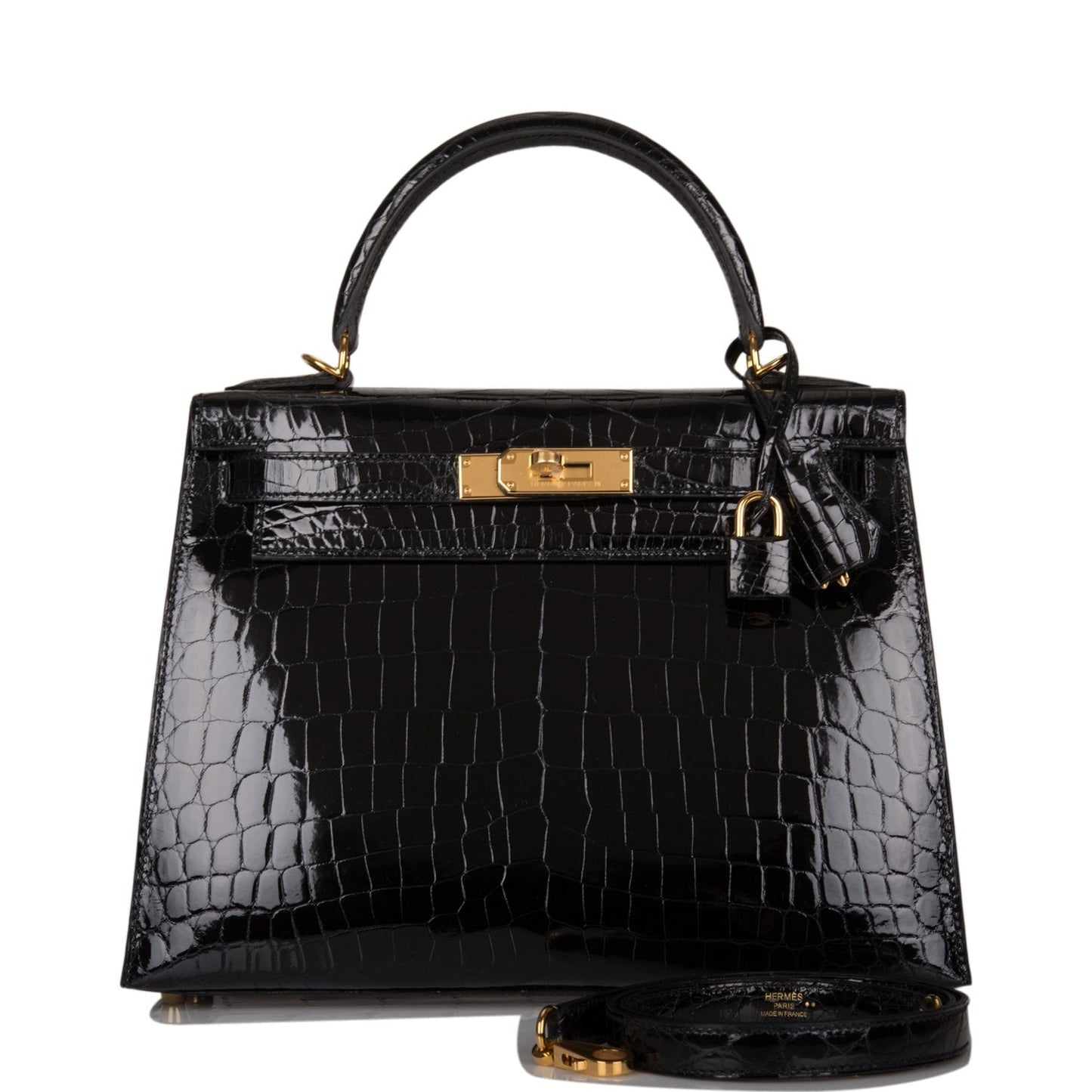 Hermes Kelly Sellier Shiny Niloticus Crocodile Hardware Handbag Black Gold Travel Bag 3