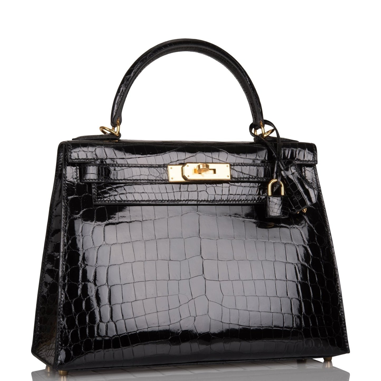 Hermes Kelly Sellier Shiny Niloticus Crocodile Hardware Handbag Black Gold Travel Bag 3