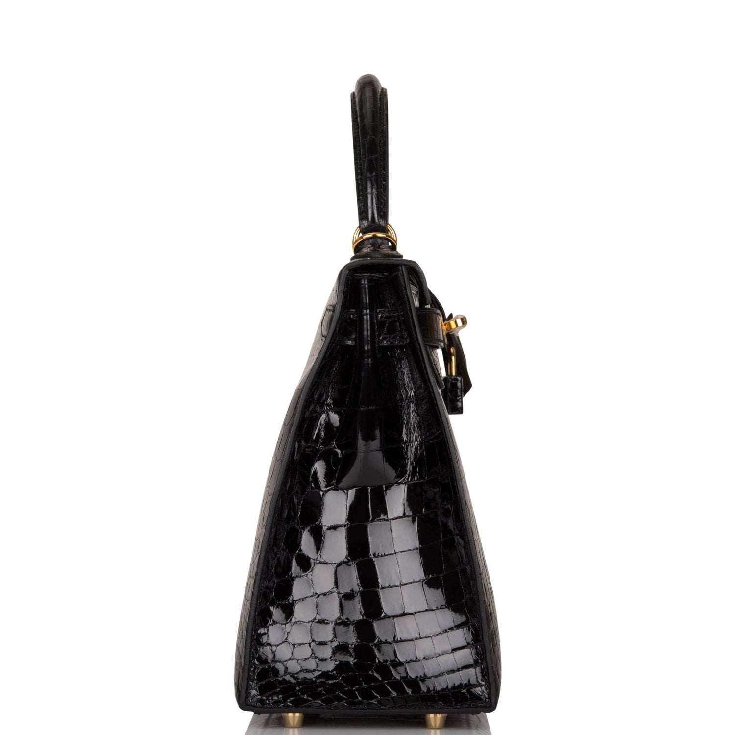 Hermes Kelly Sellier Shiny Niloticus Crocodile Hardware Handbag Black Gold Travel Bag 3