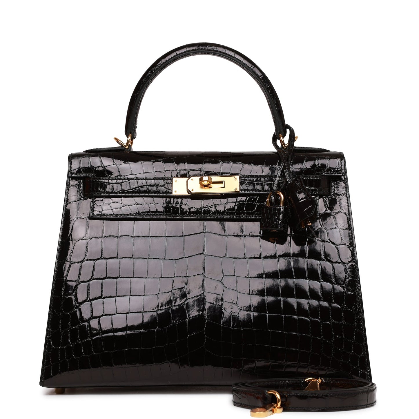 Hermes Kelly Sellier Shiny Niloticus Crocodile Hardware Handbag Black Gold Travel Bag Gold Hardware