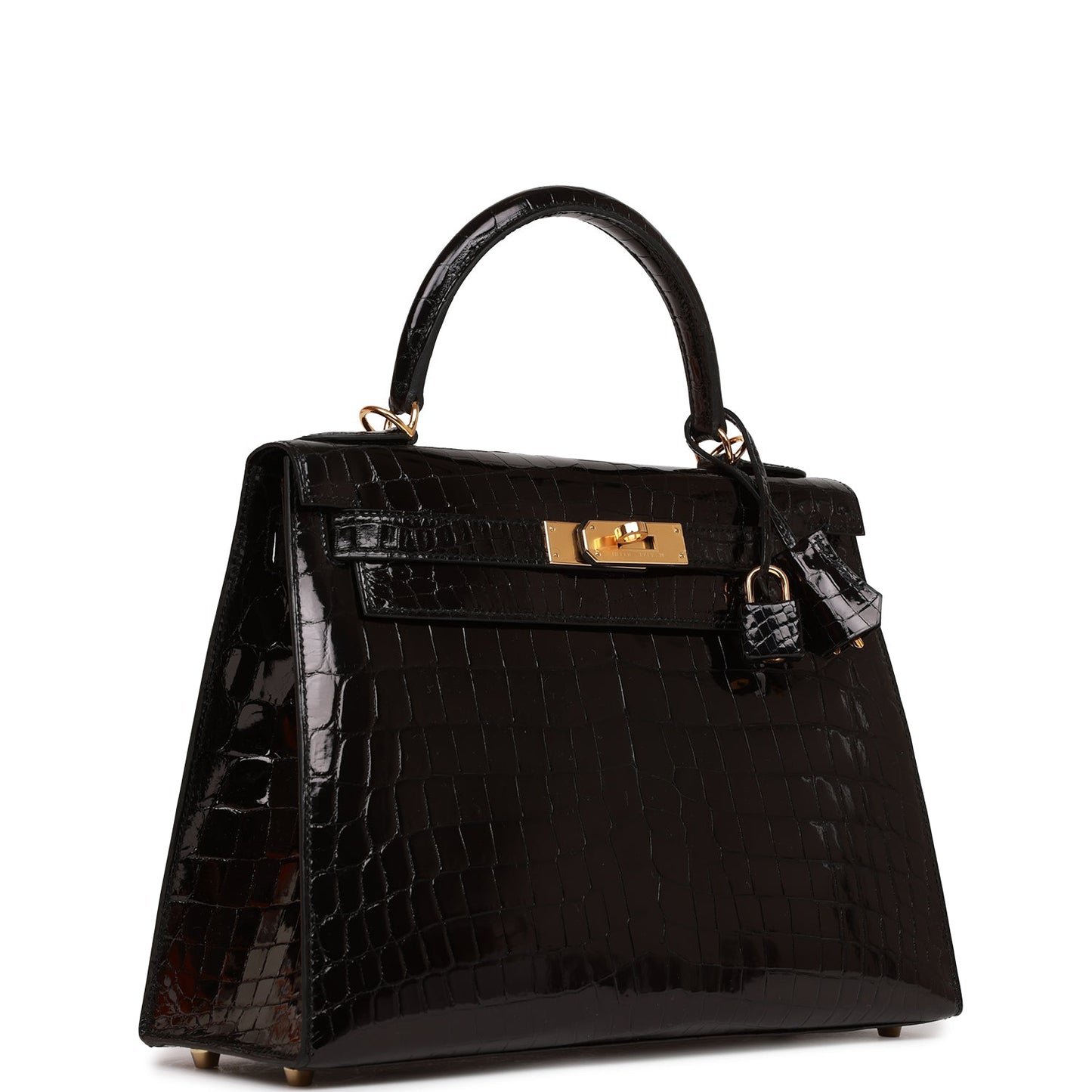 Hermes Kelly Sellier Shiny Niloticus Crocodile Hardware Handbag Black Gold Travel Bag Gold Hardware