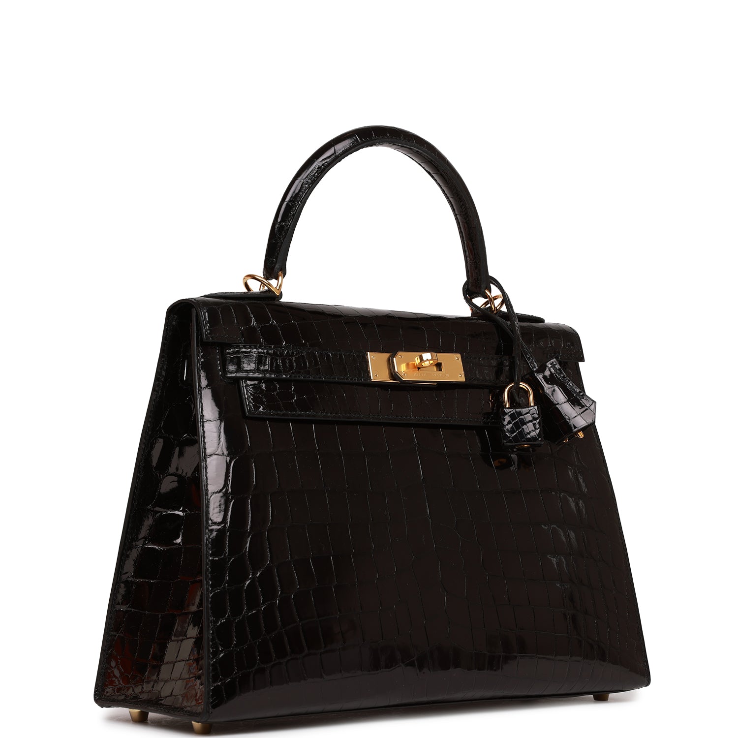 Hermes Kelly Sellier Shiny Niloticus Crocodile Hardware Handbag Black Gold Travel Bag Gold Hardware