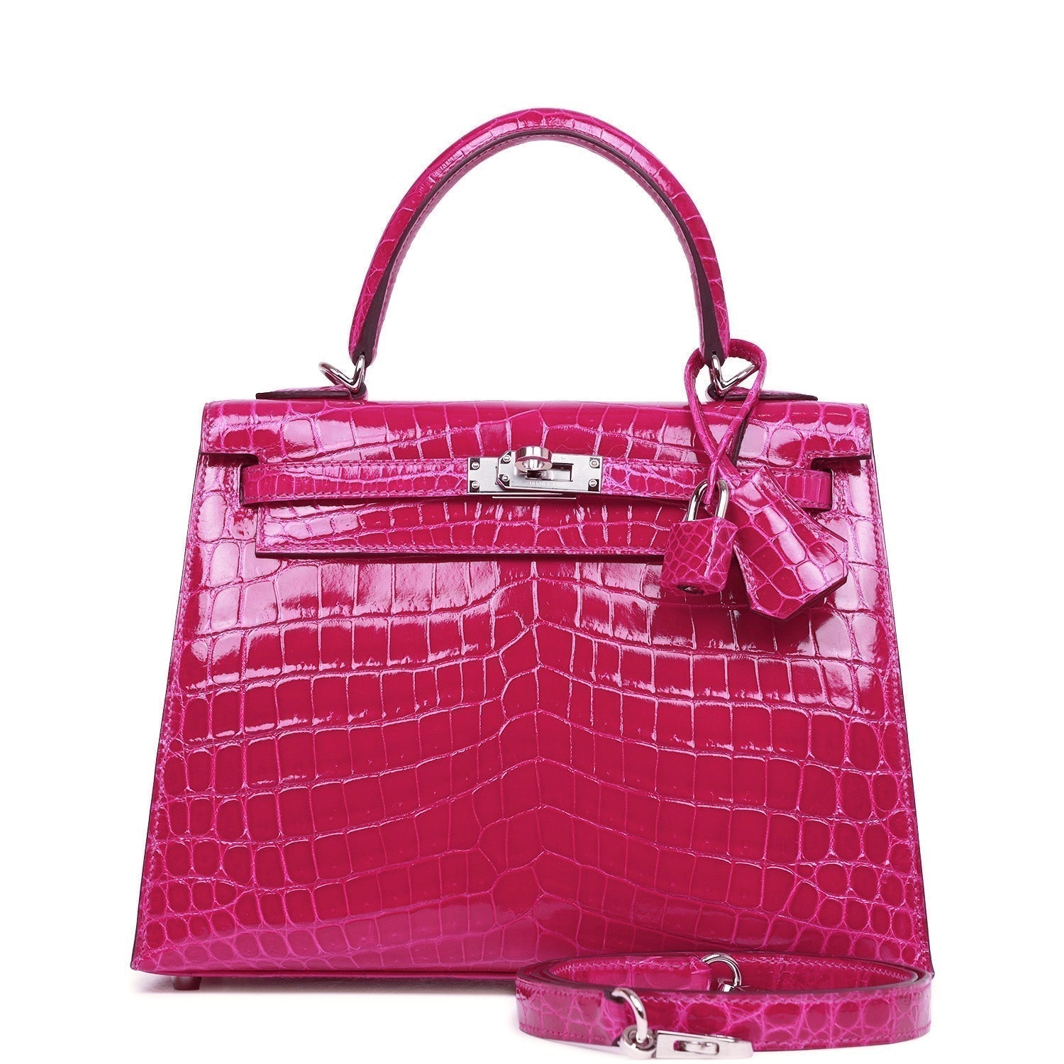 Hermes Kelly Sellier Rose Pourpre Shiny Niloticus Crocodile Travel Bag