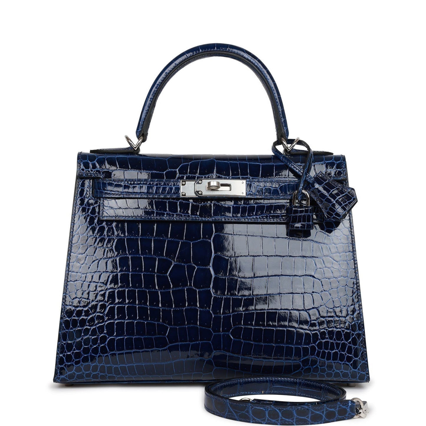 Hermes Kelly Sellier Bleu Saphir Shiny Porosus Crocodile Palladium Travel Bag