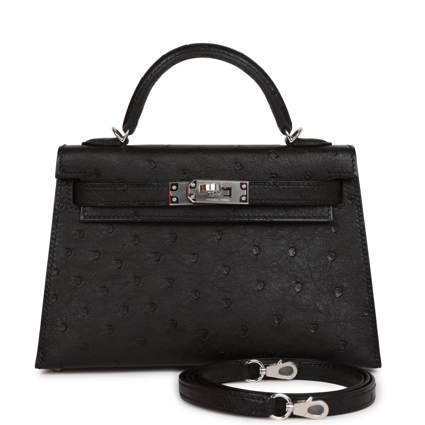 Hermes Kelly Sellier Ostrich Palladium Hardware Handbag Black Travel Bag