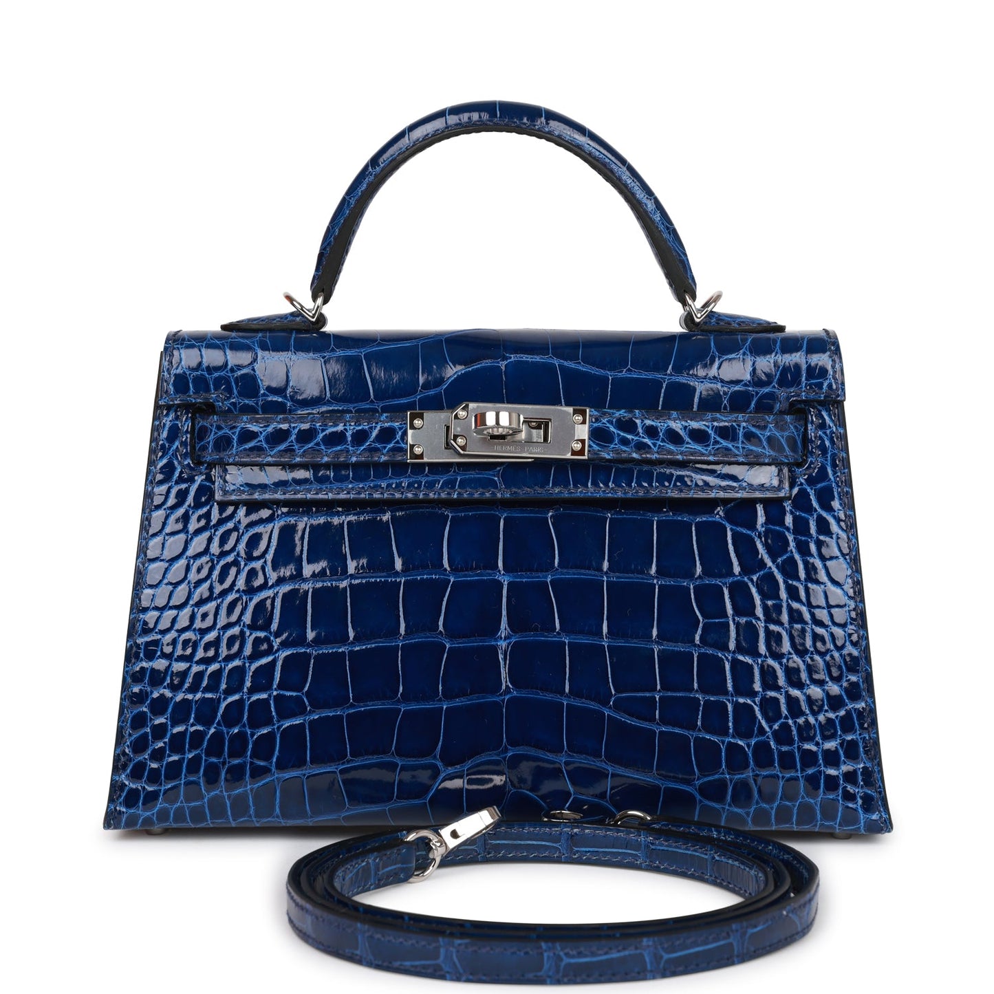 Hermes Kelly Sellier Bleu Saphir Shiny Alligator Palladium Travel Bag
