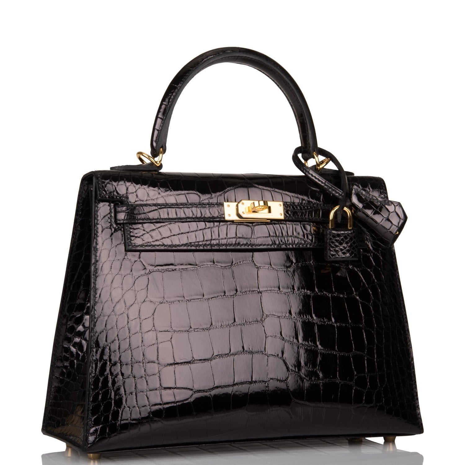 Hermes Kelly Sellier Shiny Alligator Hardware Handbag Black Gold Travel Bag