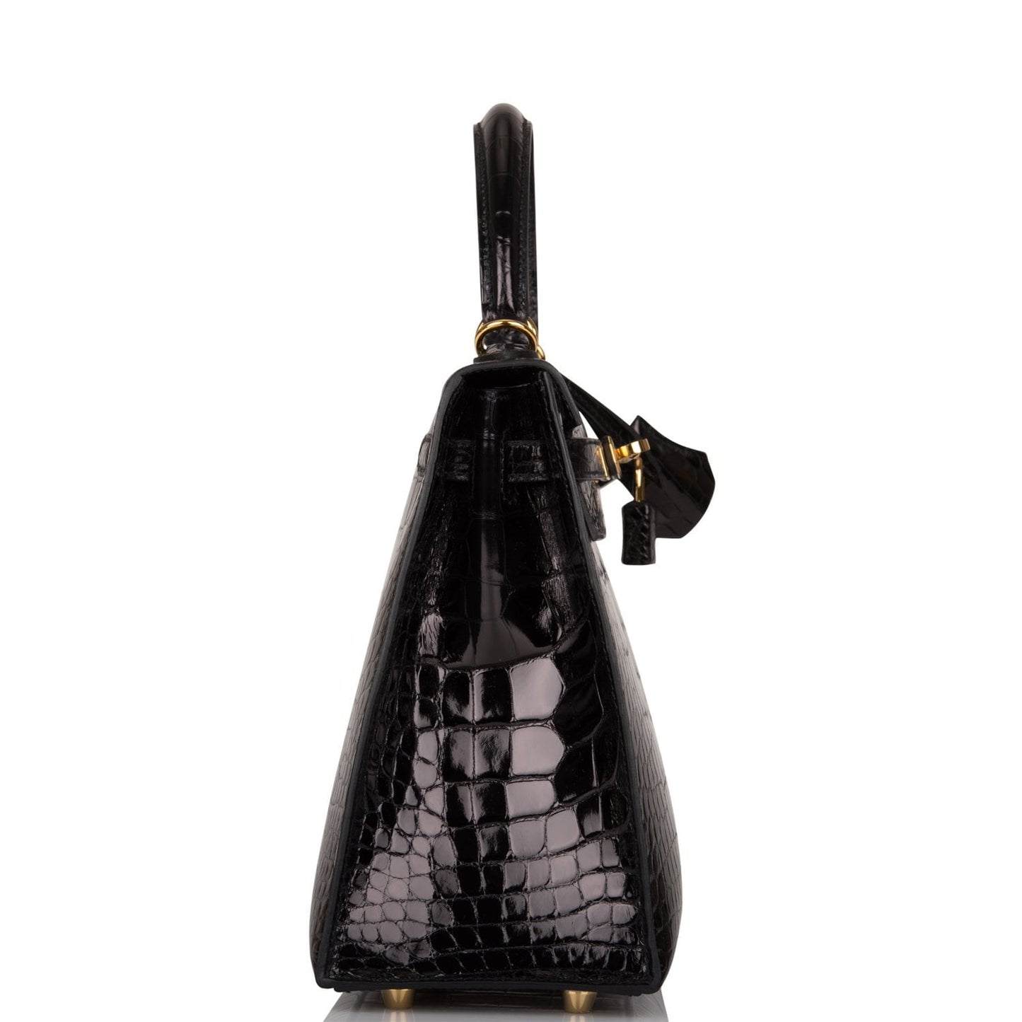 Hermes Kelly Sellier Shiny Alligator Hardware Handbag Black Gold Travel Bag