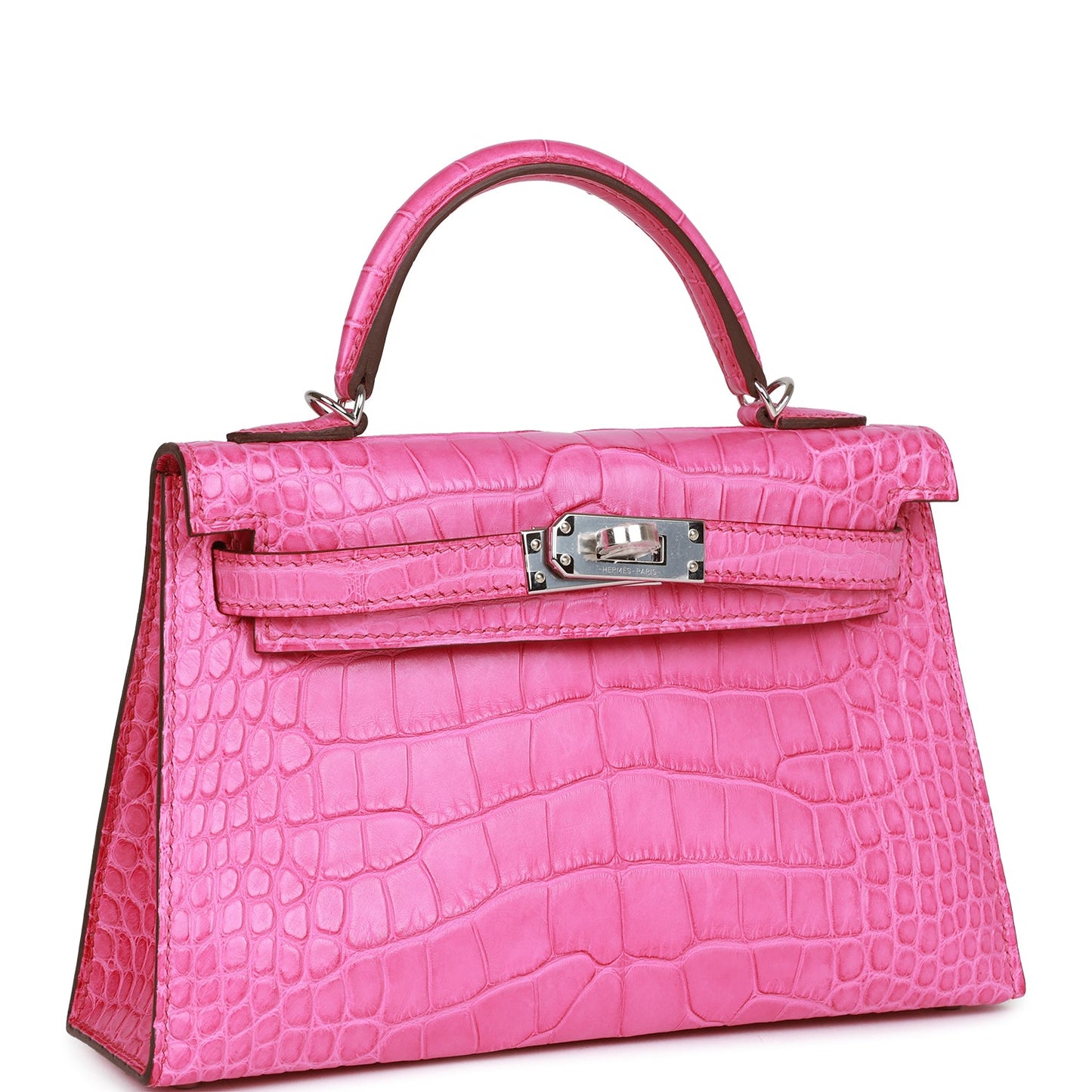 Hermes Kelly Sellier Rose Shocking Matte Alligator Palladium Hardware Travel Bag