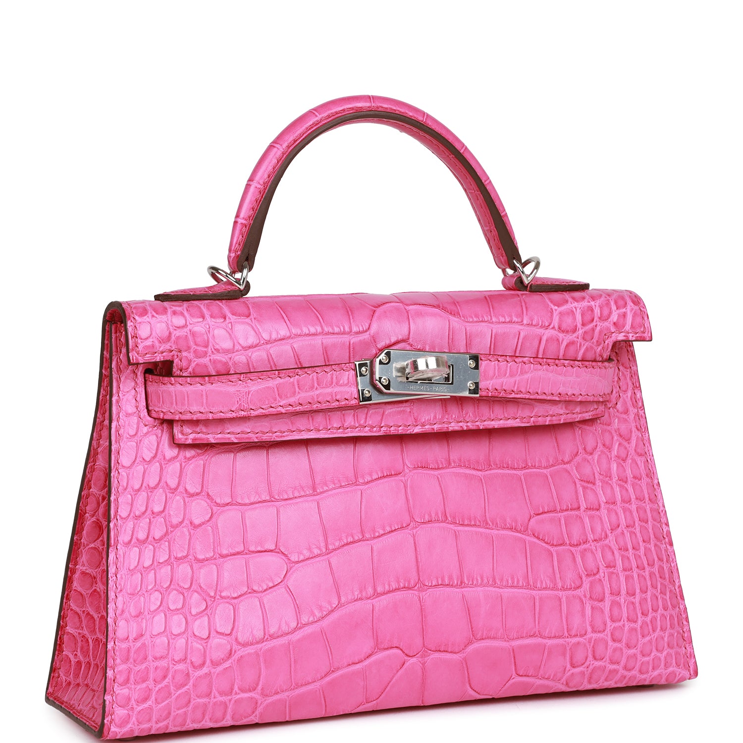 Hermes Kelly Sellier Rose Shocking Matte Alligator Palladium Hardware Travel Bag