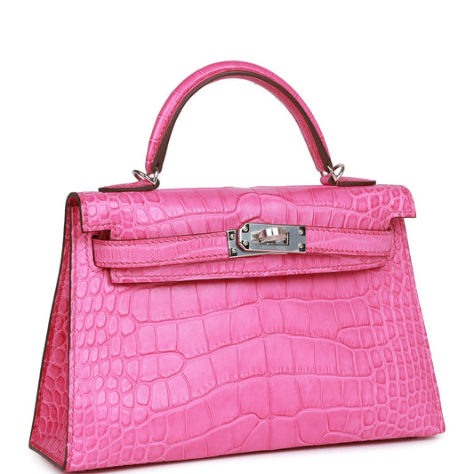 Hermes Kelly Sellier Rose Shocking Matte Alligator Palladium Hardware Travel Bag