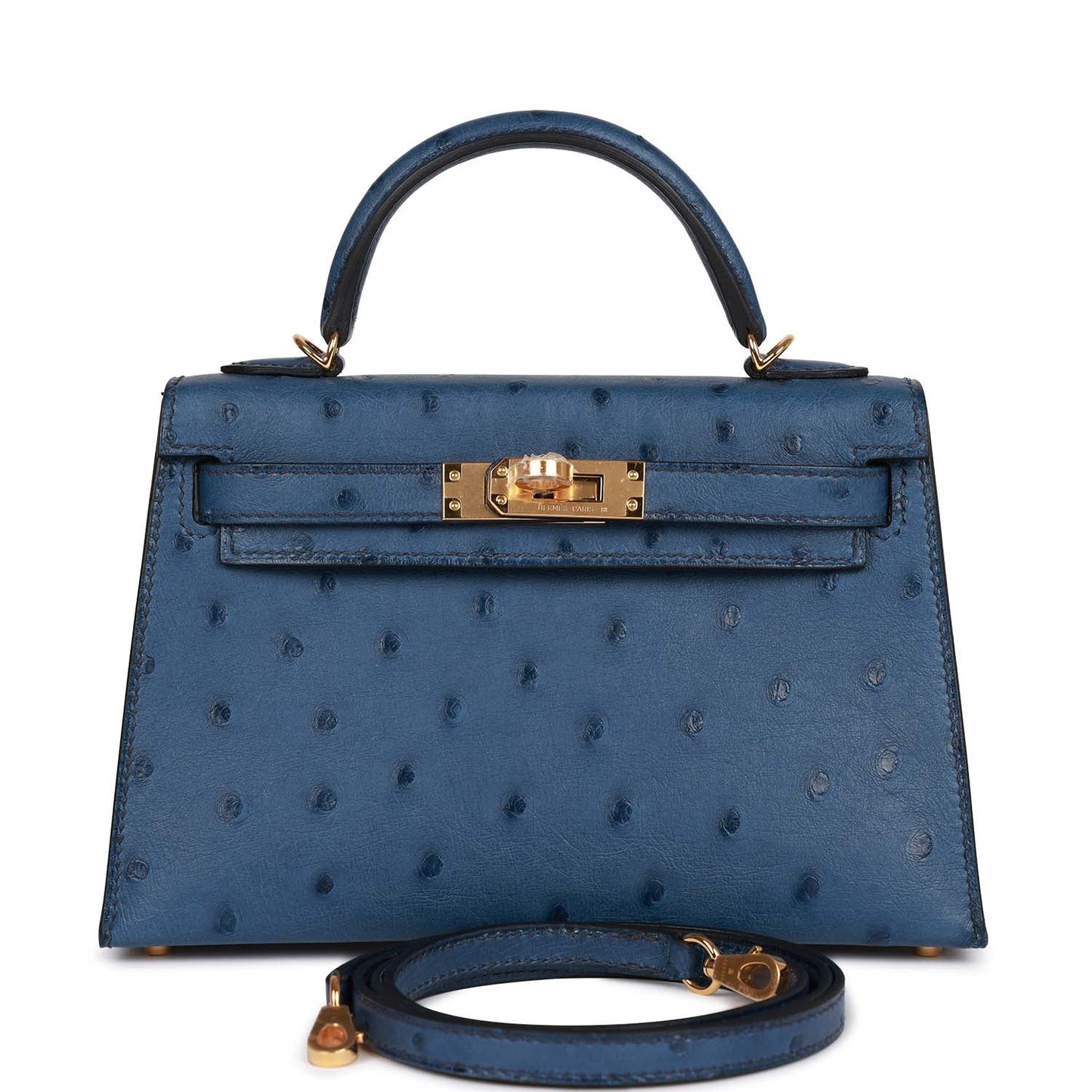 Hermes Kelly Sellier Bleu Iris Ostrich Hardware Handbag Gold Travel Bag