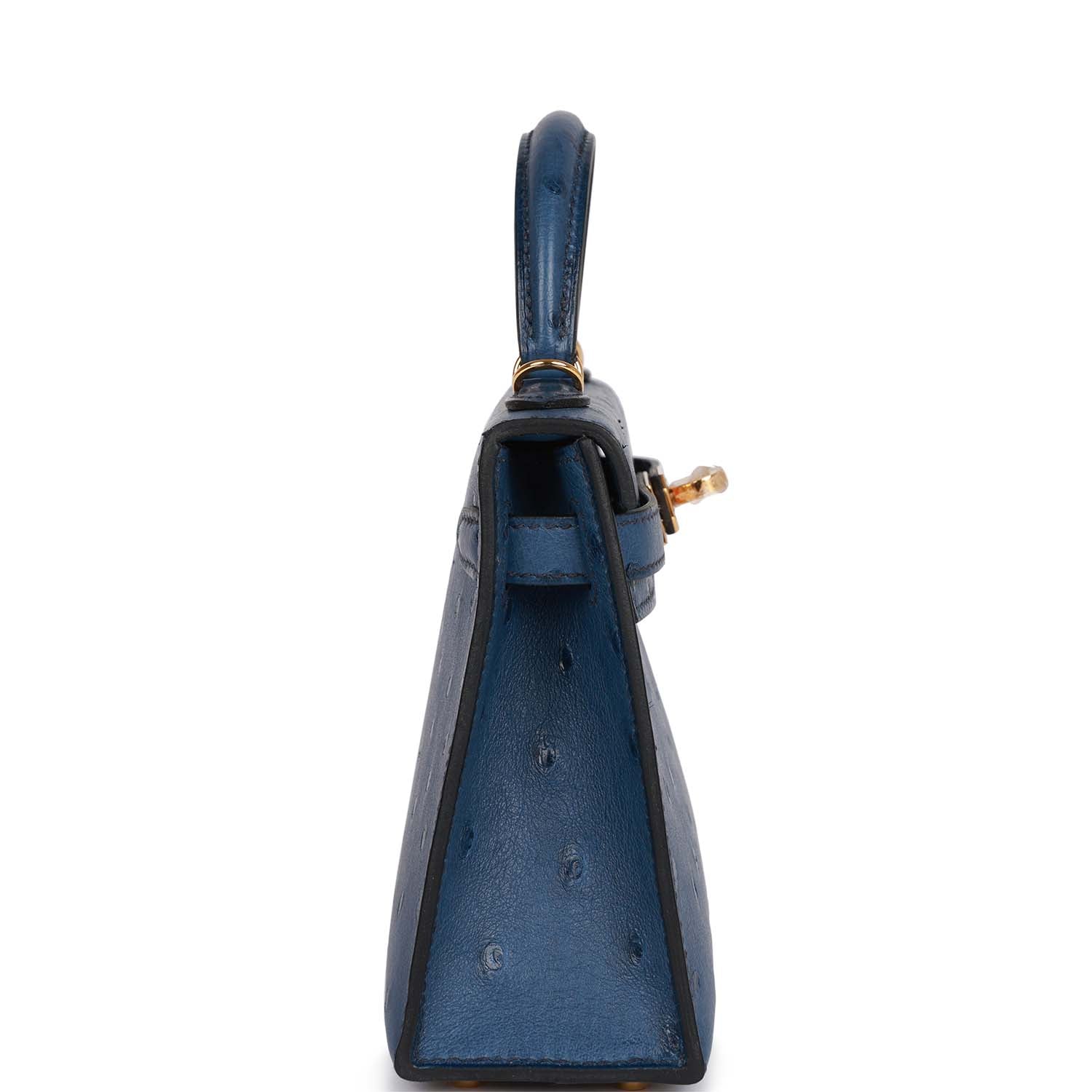 Hermes Kelly Sellier Bleu Iris Ostrich Hardware Handbag Gold Travel Bag
