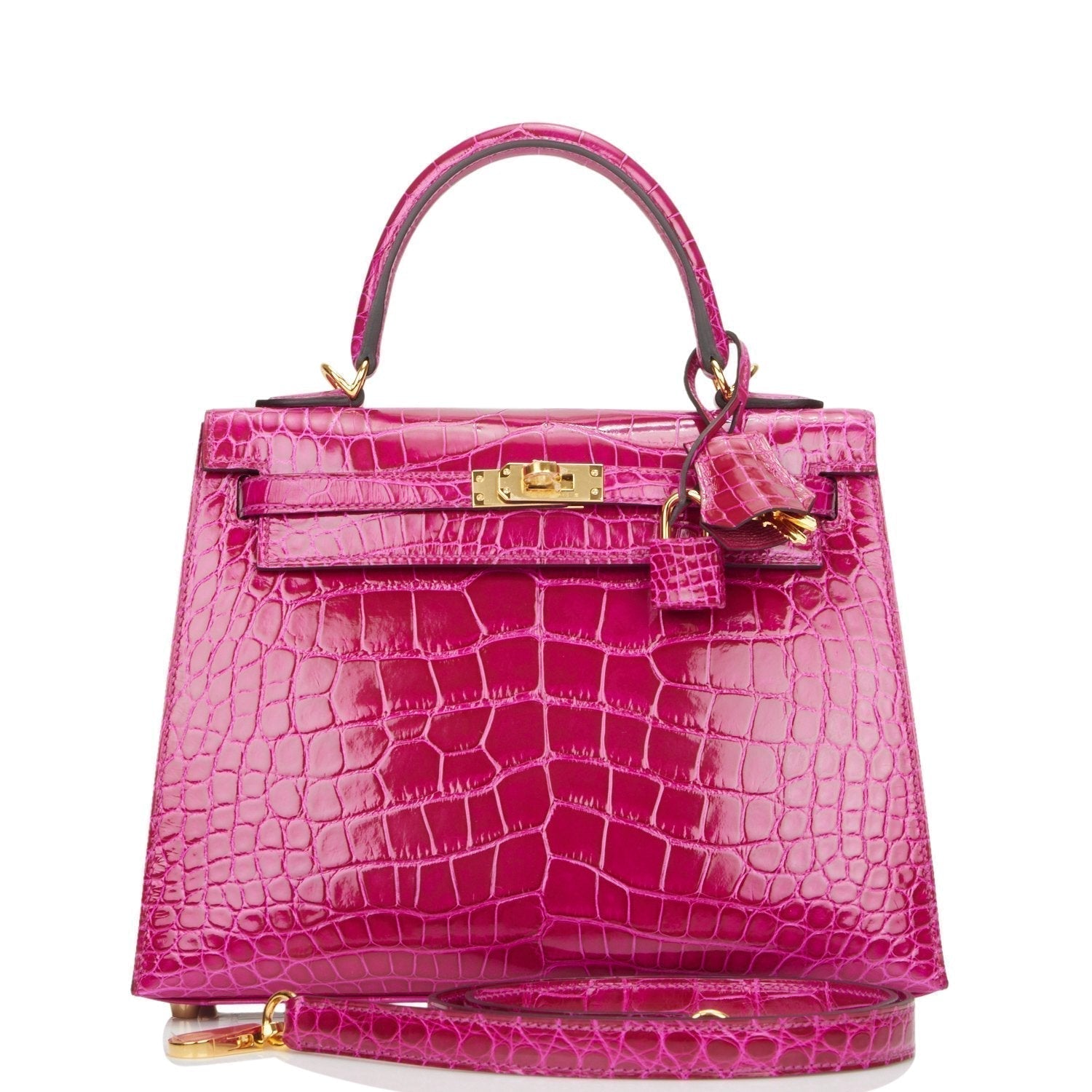 Hermes Kelly Sellier Rose Pourpre Shiny Alligator Hardware Gold Travel Bag