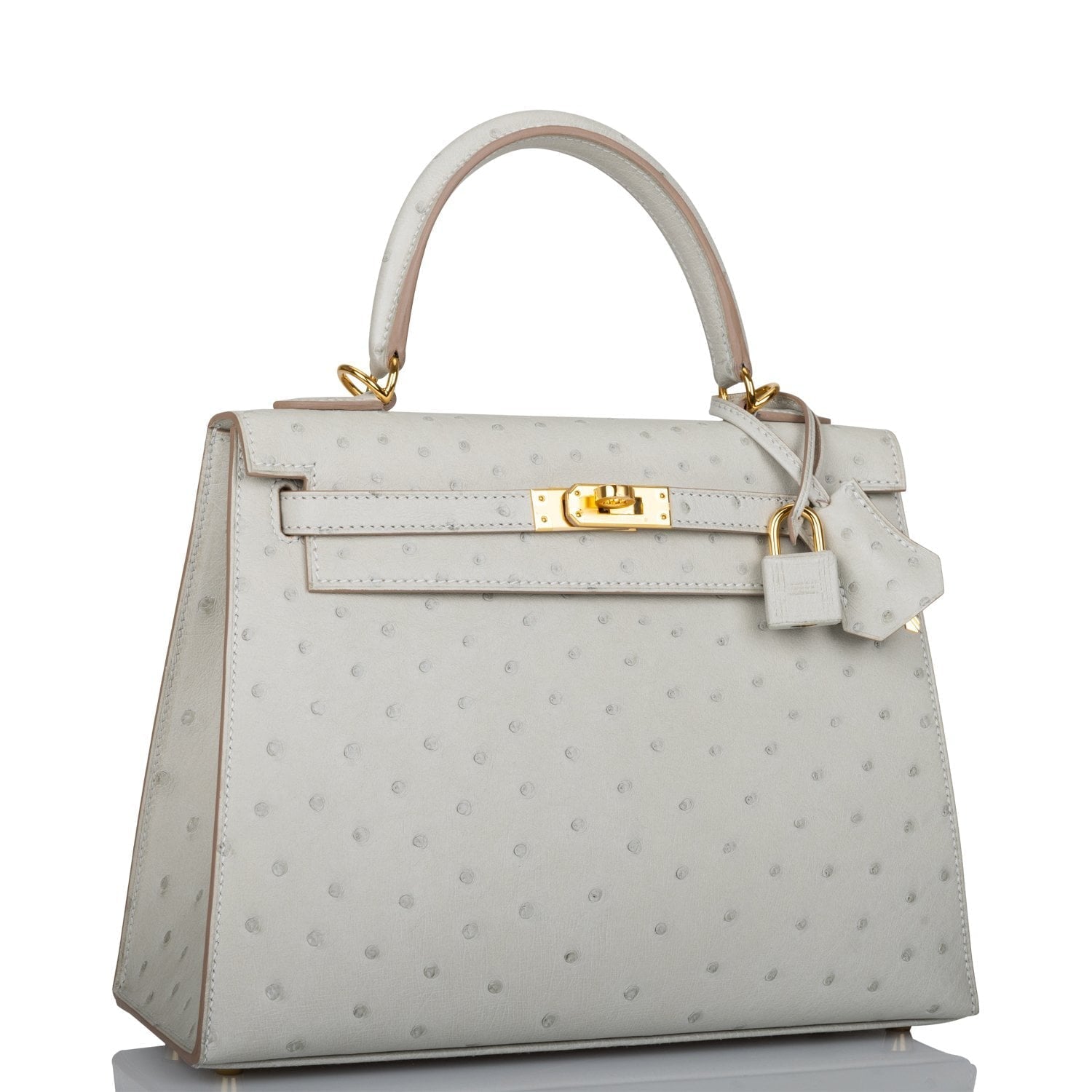 Hermes Kelly Sellier Gris Perle Ostrich Hardware Handbag Gold Travel Bag