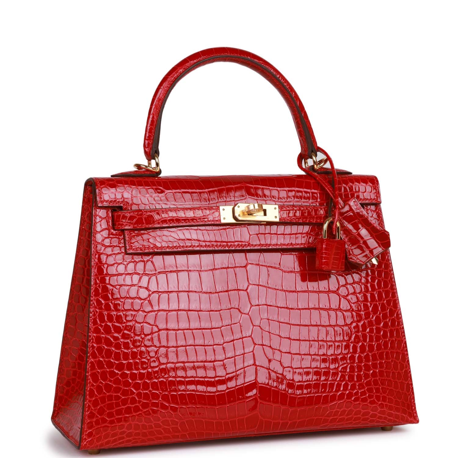 Hermes Kelly Sellier Braise Shiny Porosus Crocodile Hardware Handbag Gold Travel Bag