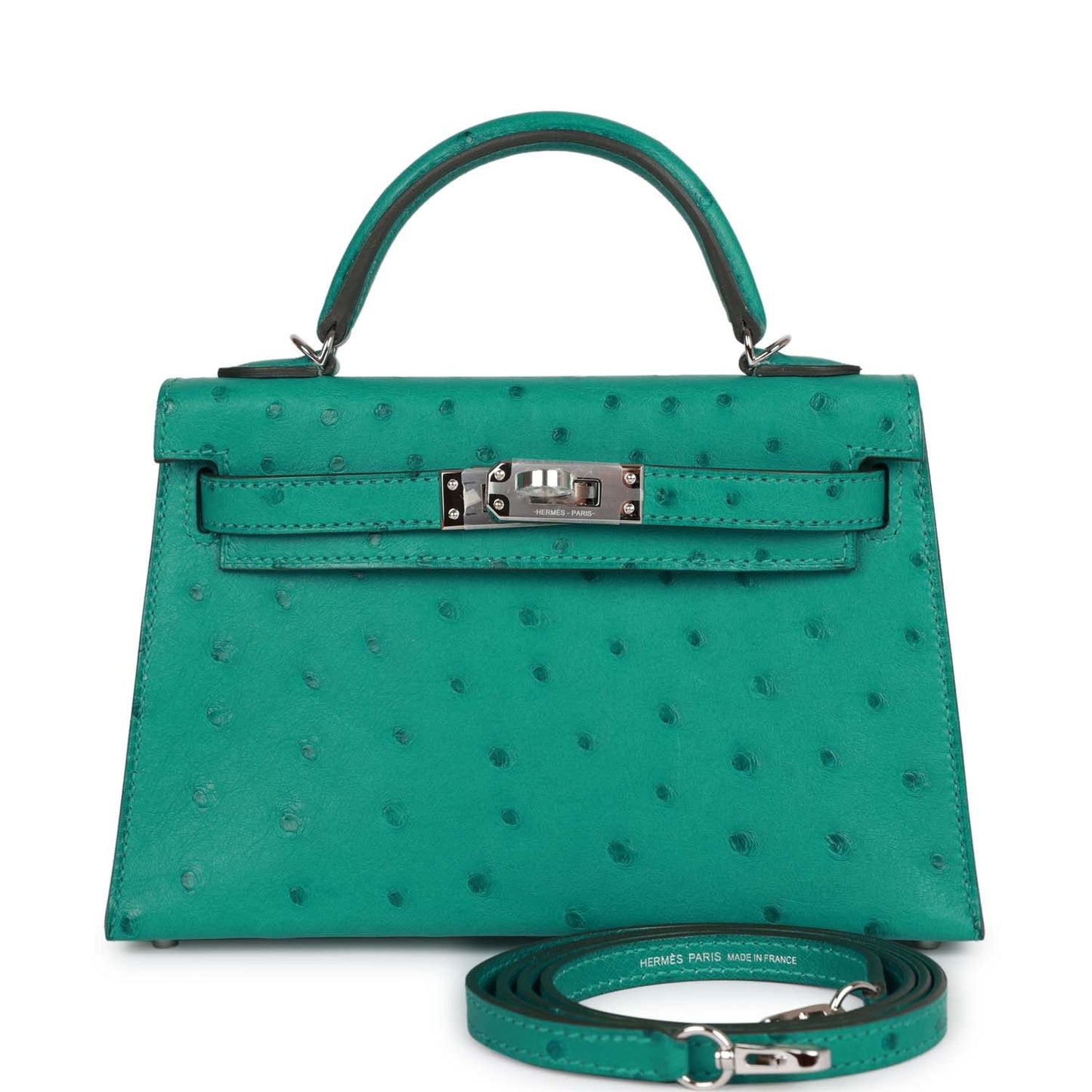 Hermes Kelly Sellier Vert Verone Ostrich Palladium Hardware Travel Bag