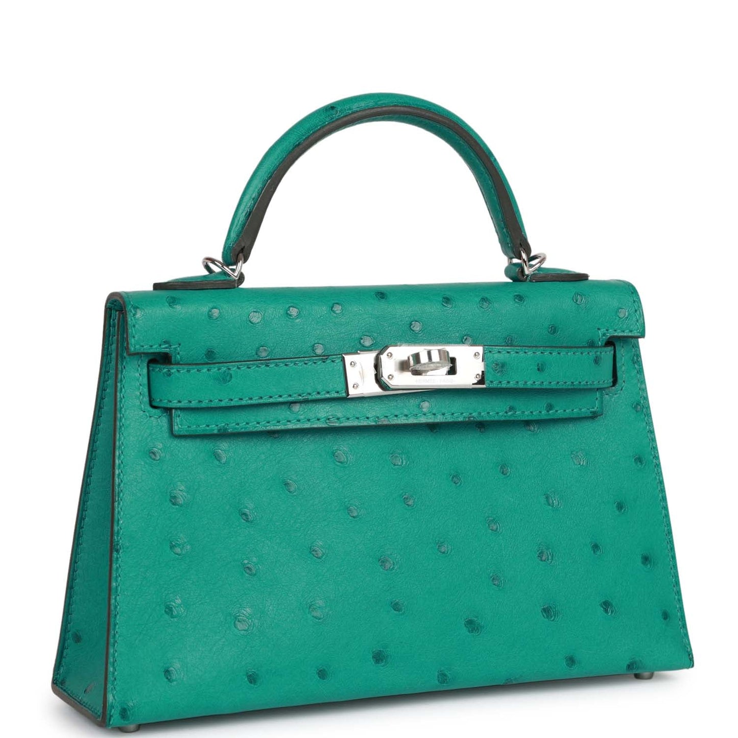 Hermes Kelly Sellier Vert Verone Ostrich Palladium Hardware Travel Bag