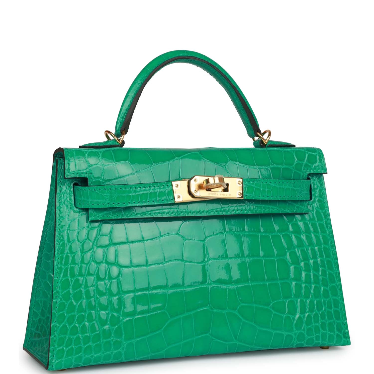 Hermes Kelly Sellier Vert Jade Shiny Alligator Hardware Handbag Gold Travel Bag