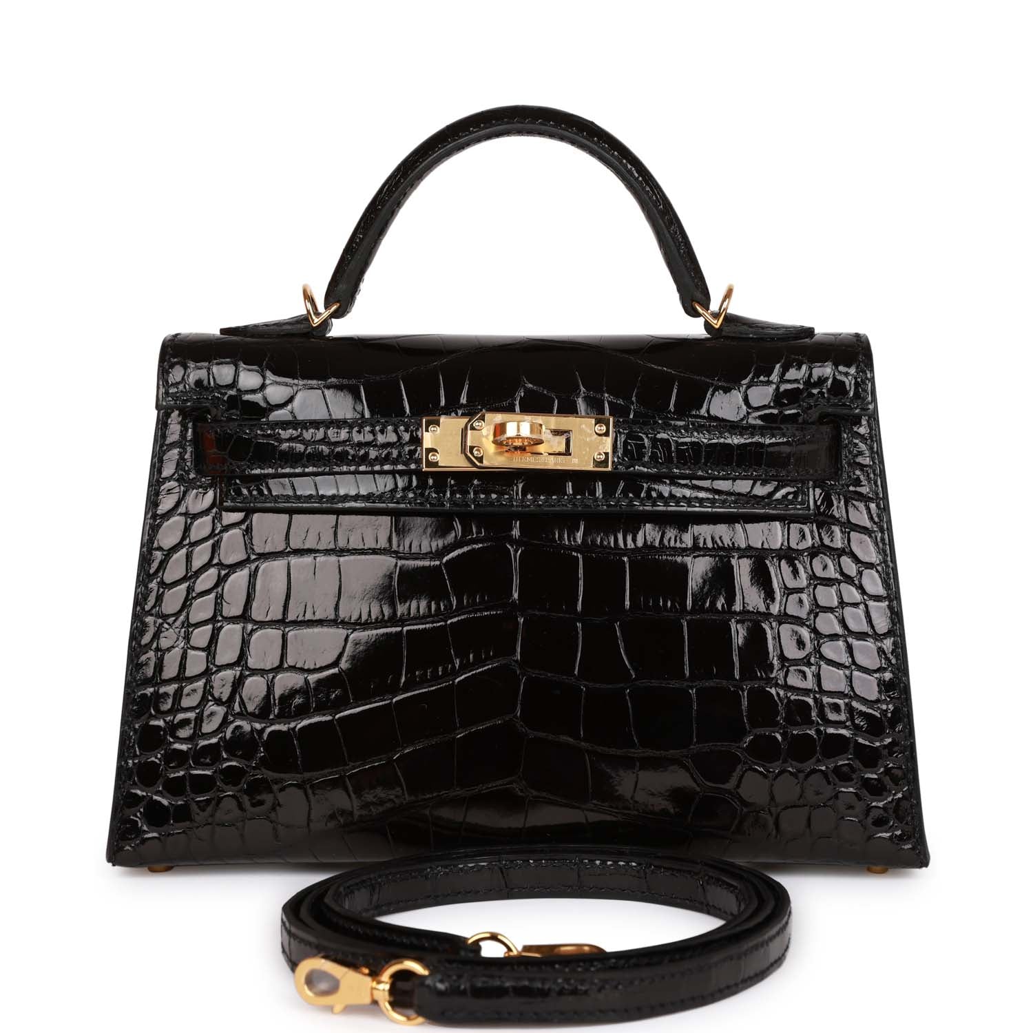 Hermes Kelly Sellier Shiny Alligator Hardware Handbag Black Gold Travel Bag