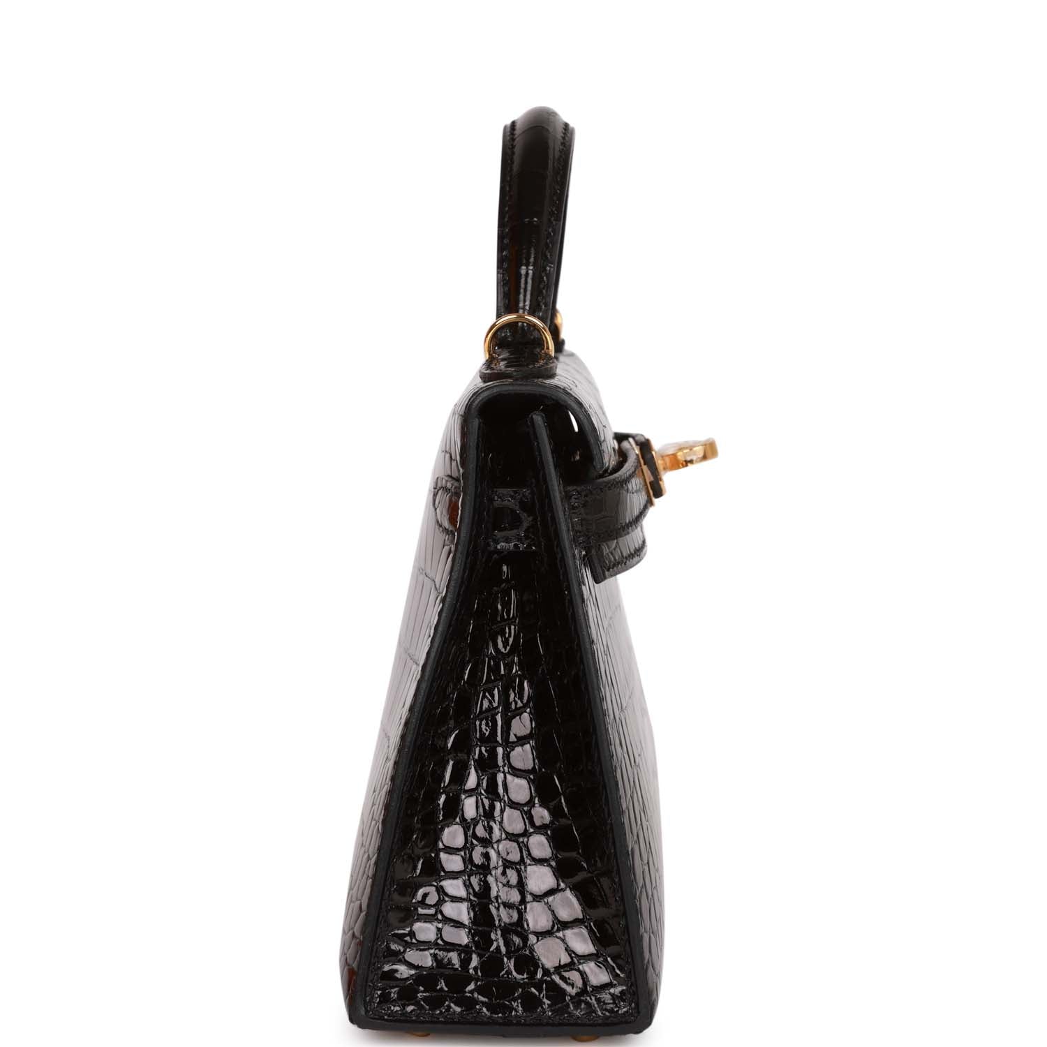 Hermes Kelly Sellier Shiny Alligator Hardware Handbag Black Gold Travel Bag