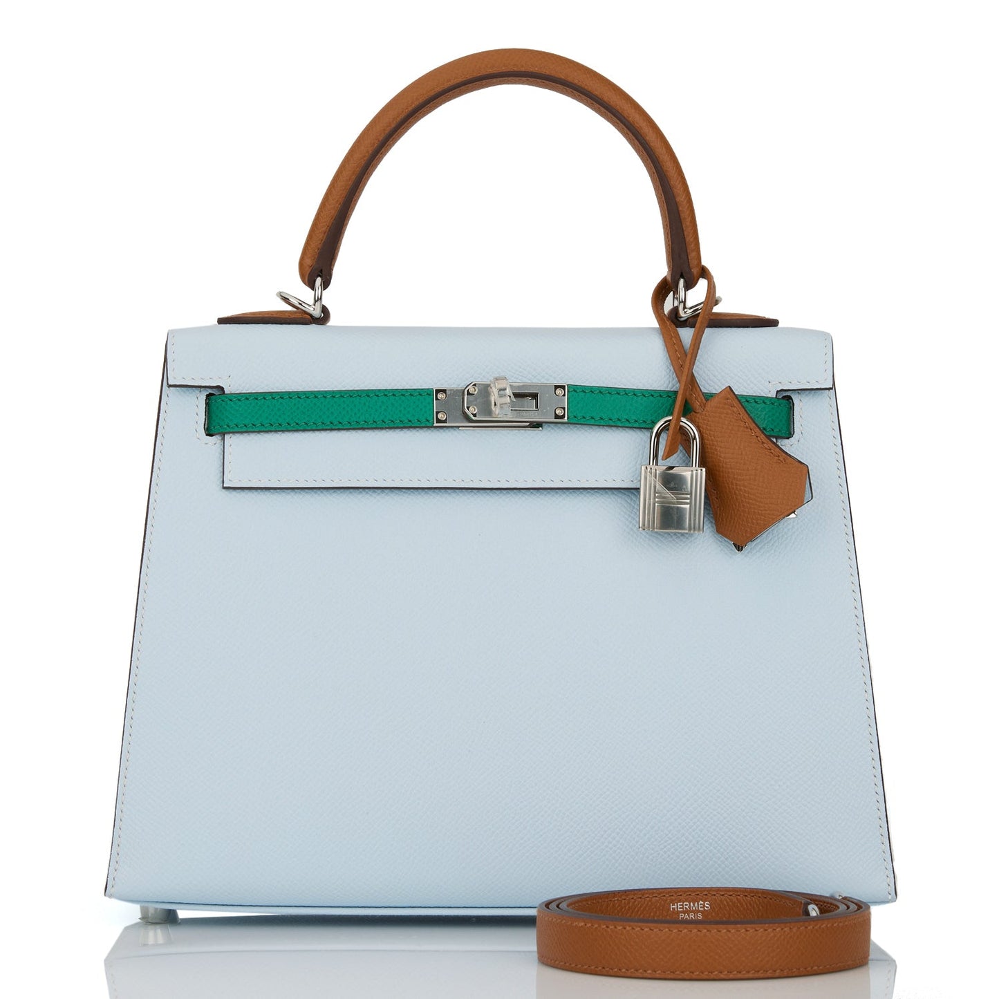 Hermes Kelly Sellier Tri Color Bleu Brume Vert Gold Travel Bag